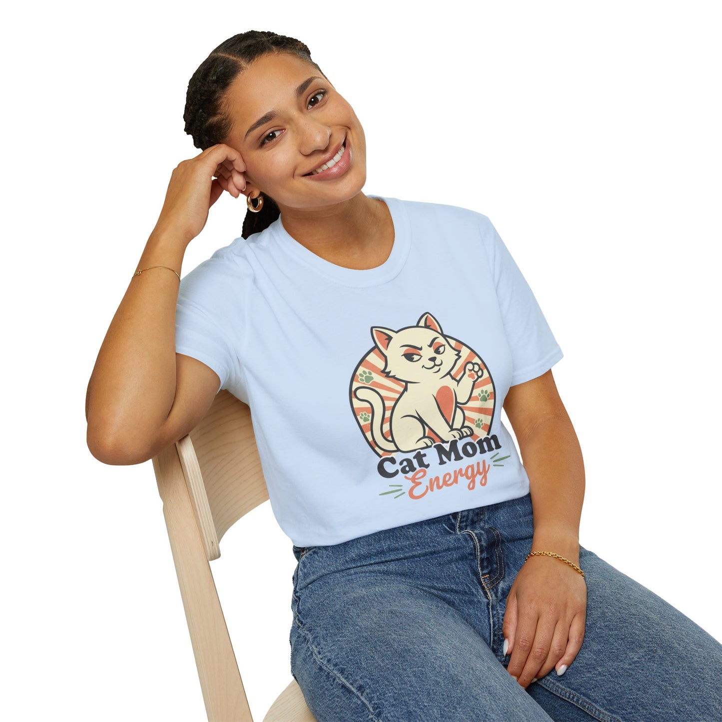 Cat Mom Energy T‑Shirt — Retro Smirking Cat Graphic