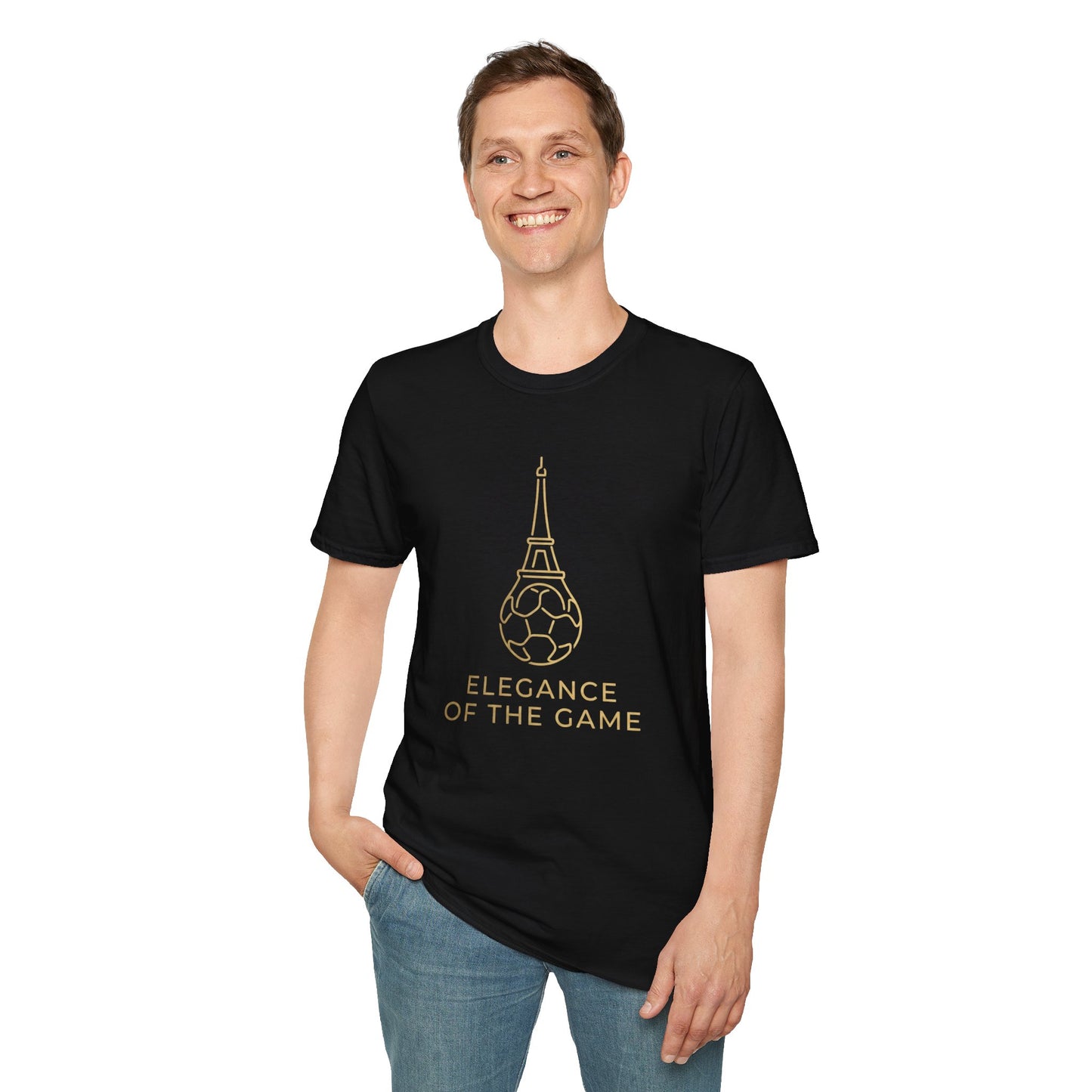 Elegance of the Game Soccer Tee — Eiffel Tower Gold Line-Art Graphic