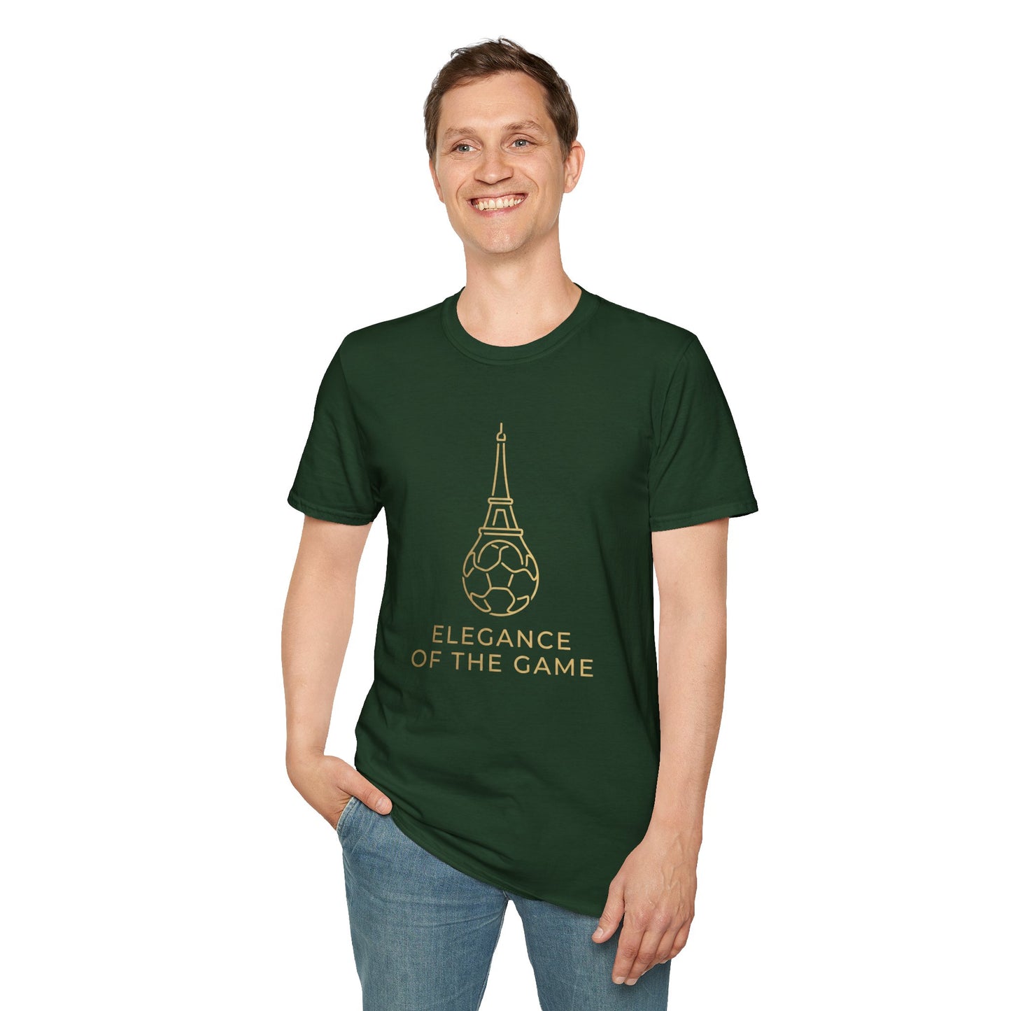 Elegance of the Game Soccer Tee — Eiffel Tower Gold Line-Art Graphic