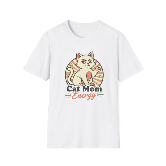 Cat Mom Energy T‑Shirt — Retro Smirking Cat Graphic
