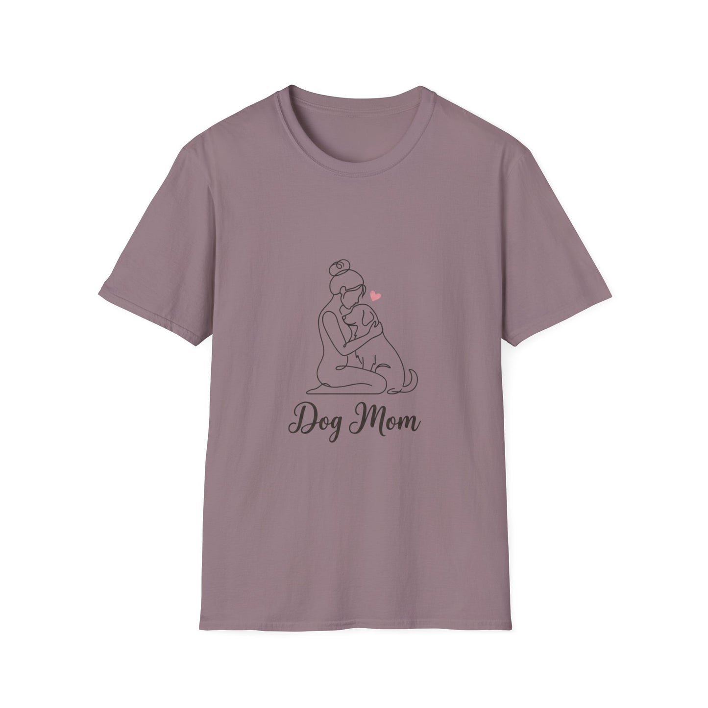 Dog Mom Line-Art Tee — Minimalist Pink Heart Graphic