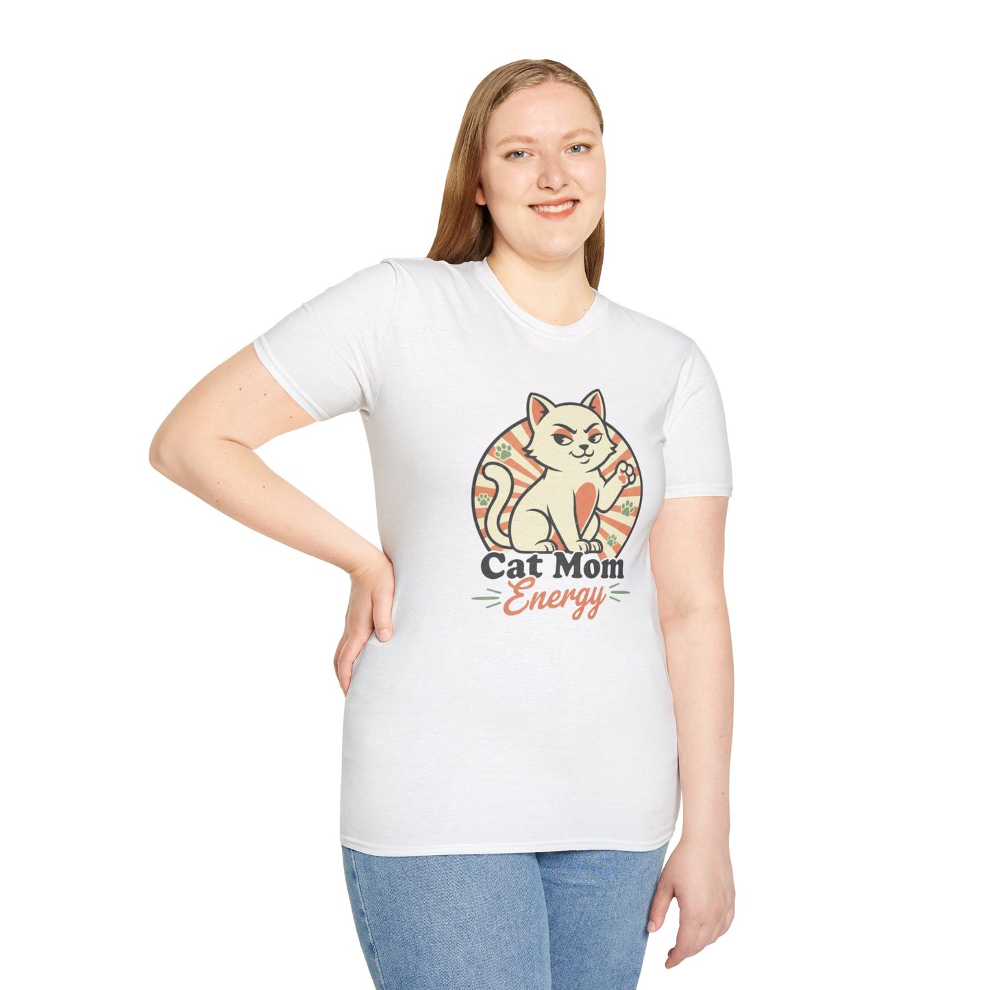 Cat Mom Energy T‑Shirt — Retro Smirking Cat Graphic