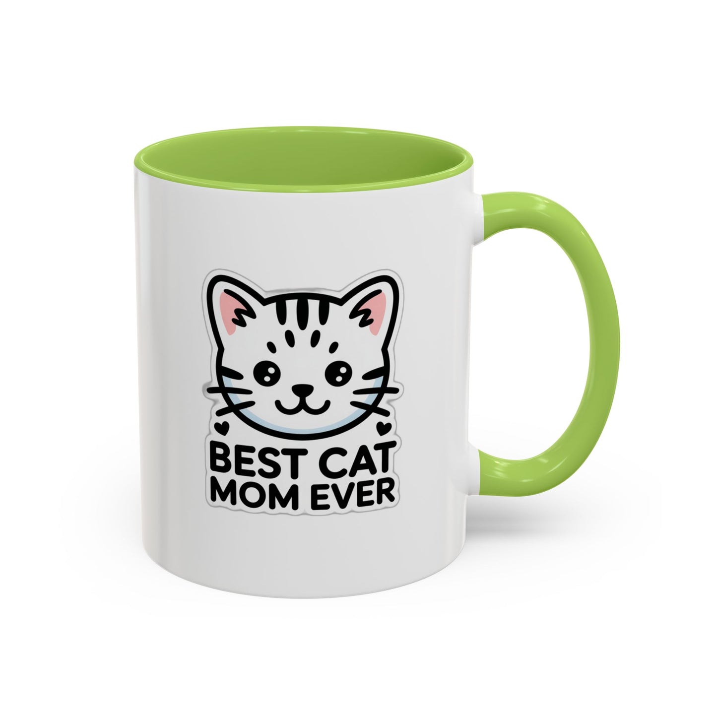 Best Cat Mom Ever Accent Coffee Mug - Kawaii Grey Tabby Cat Gift - 11oz Ceramic Cup