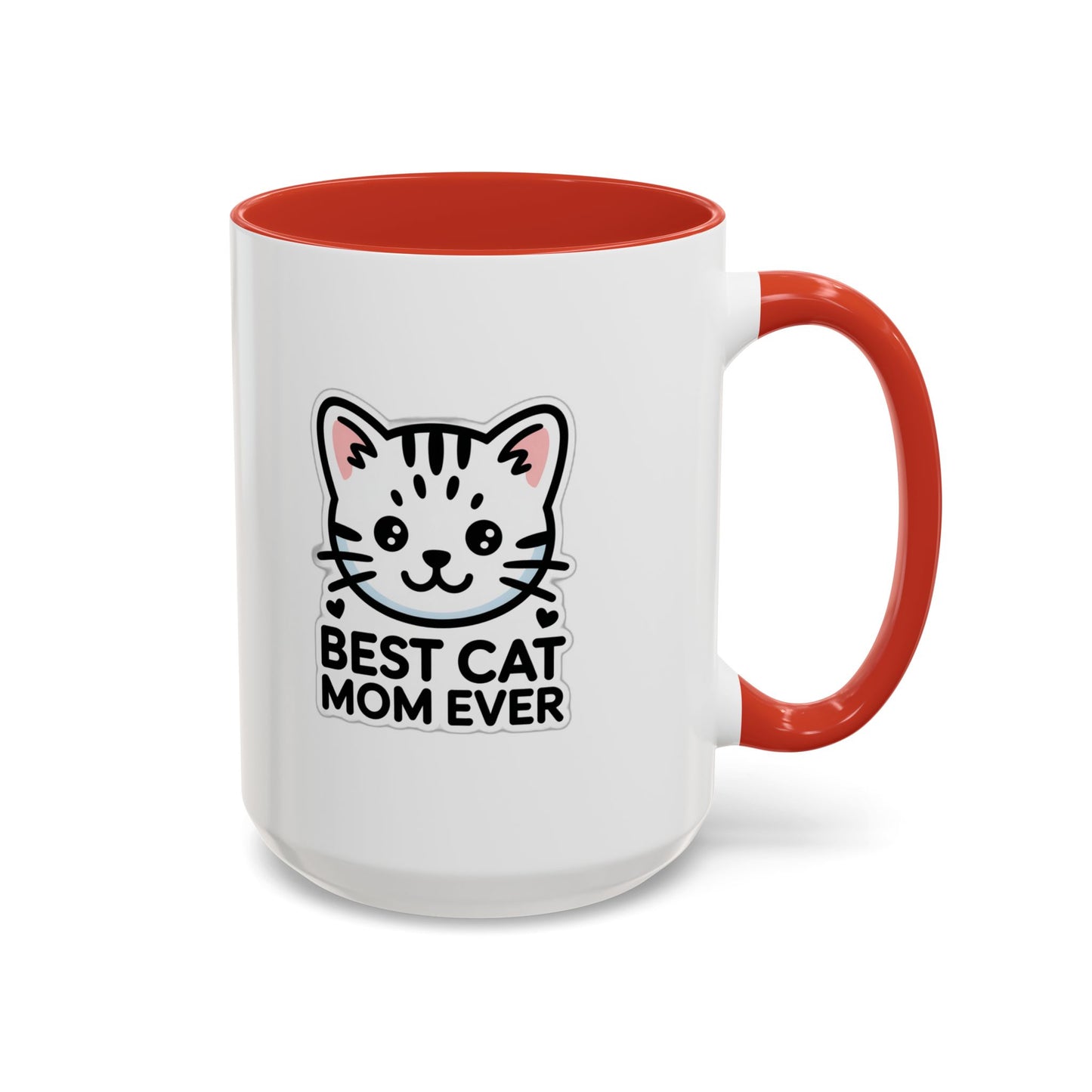 Best Cat Mom Ever Accent Coffee Mug - Kawaii Grey Tabby Cat Gift - 11oz Ceramic Cup