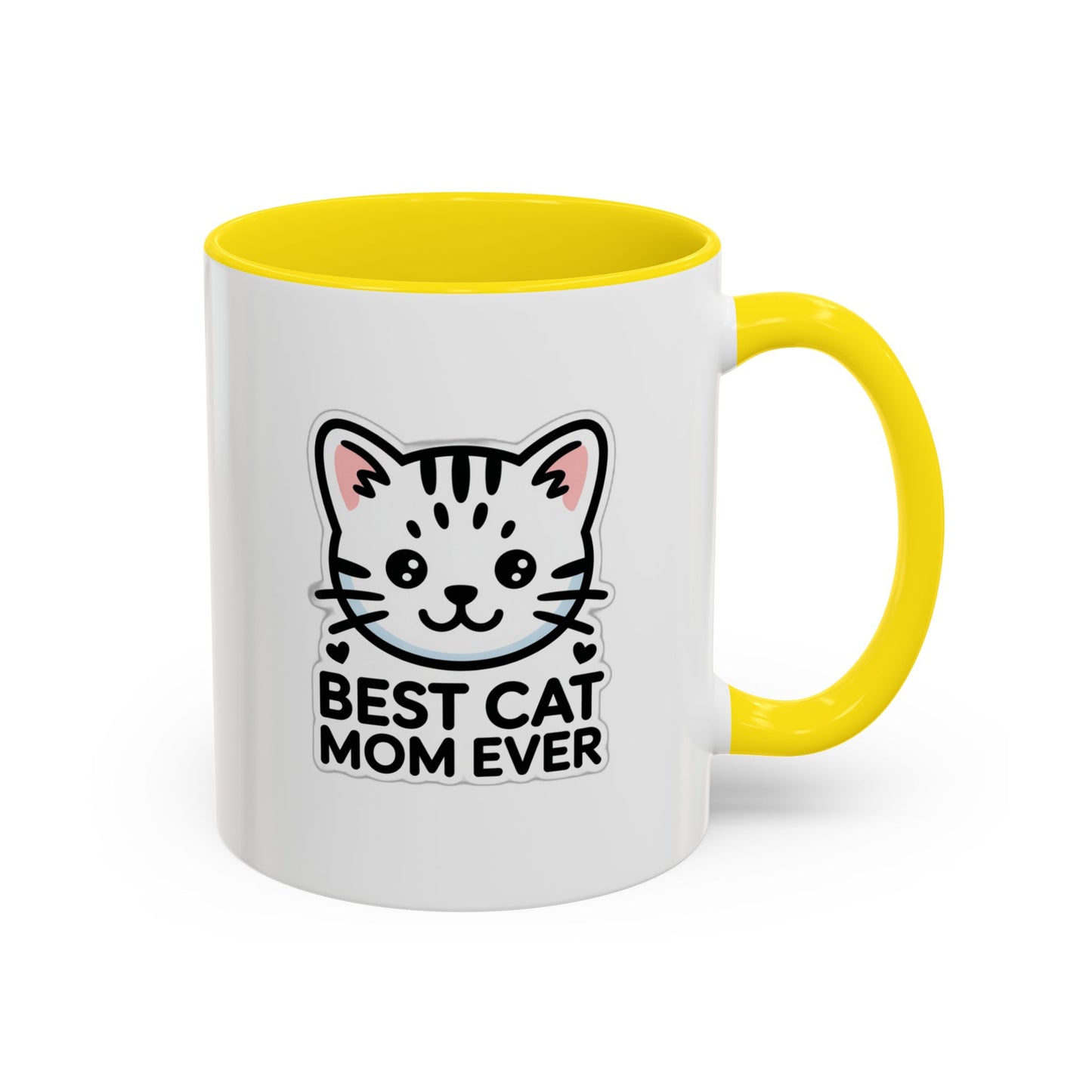 Best Cat Mom Ever Accent Coffee Mug - Kawaii Grey Tabby Cat Gift - 11oz Ceramic Cup