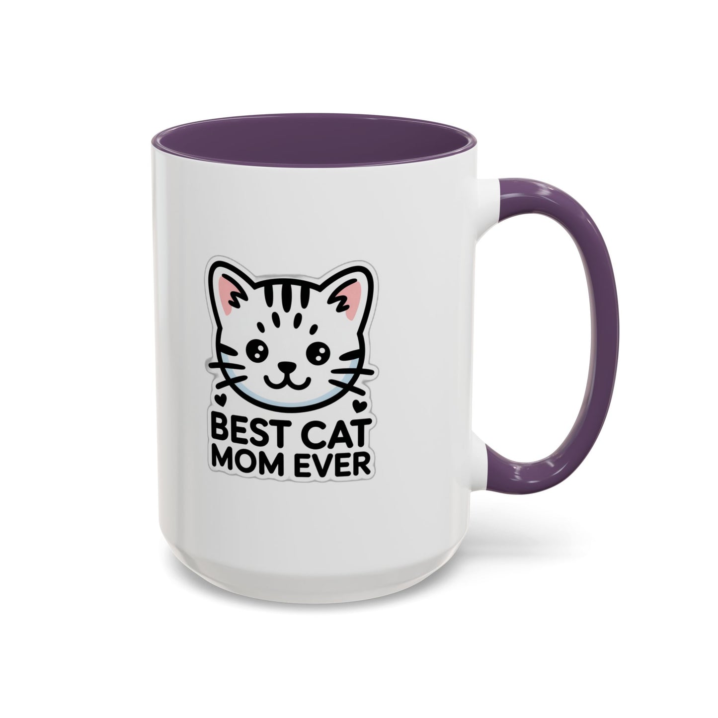 Best Cat Mom Ever Accent Coffee Mug - Kawaii Grey Tabby Cat Gift - 11oz Ceramic Cup