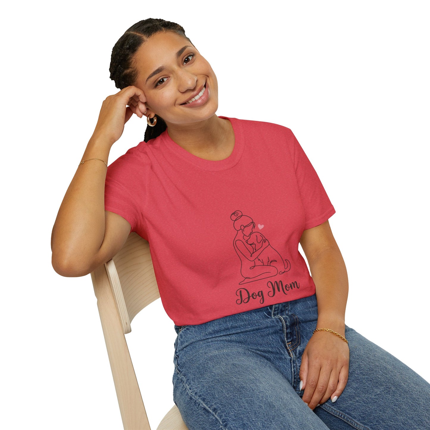 Dog Mom Line-Art Tee — Minimalist Pink Heart Graphic