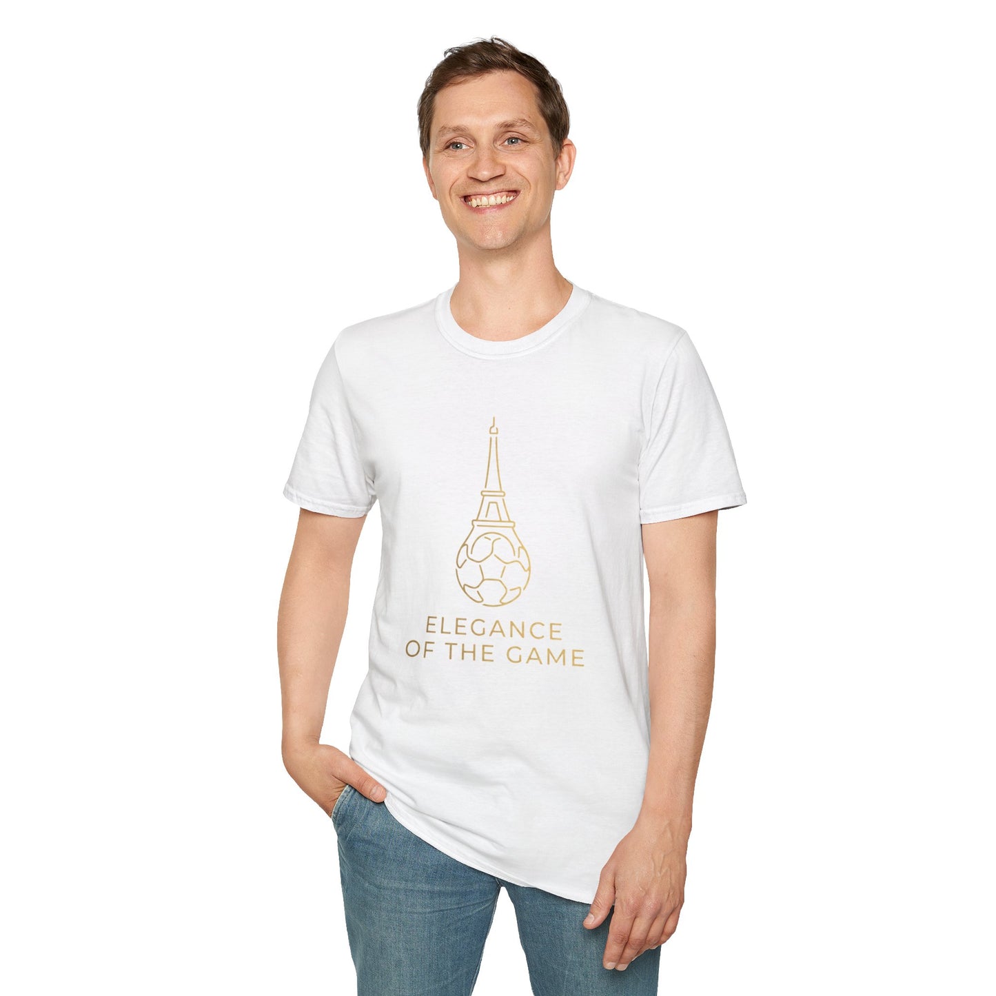Elegance of the Game Soccer Tee — Eiffel Tower Gold Line-Art Graphic