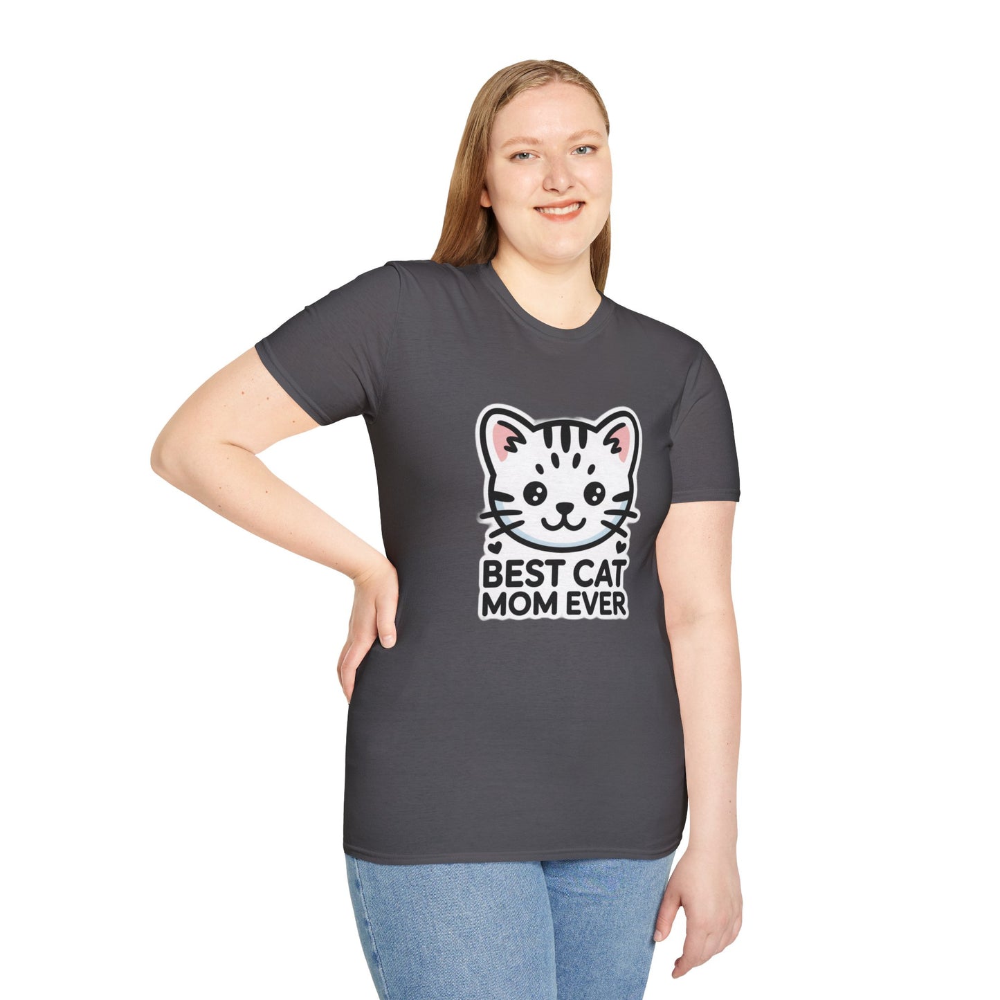 Best Cat Mom Ever T-Shirt - Kawaii Grey Tabby Cat Graphic Tee - Cute Cat Lover Gift