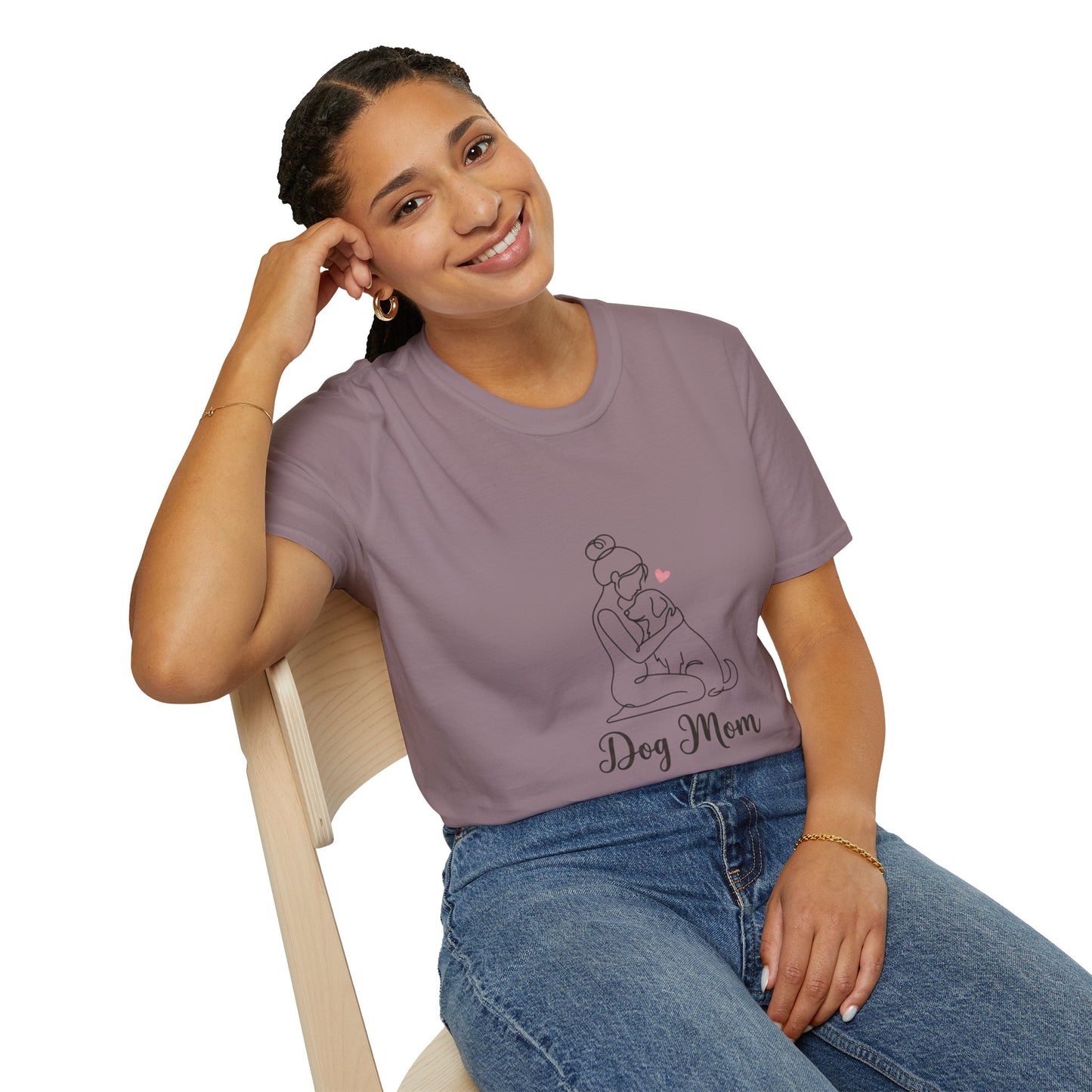 Dog Mom Line-Art Tee — Minimalist Pink Heart Graphic