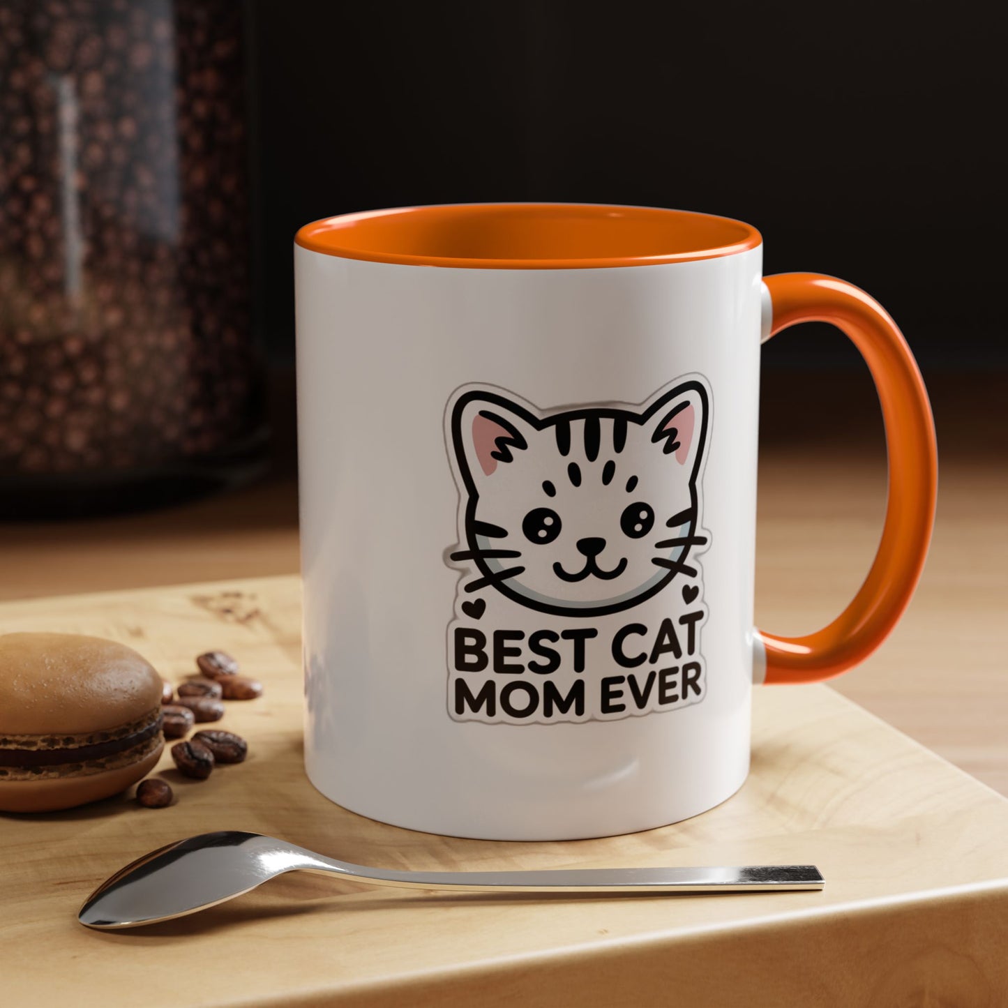 Best Cat Mom Ever Accent Coffee Mug - Kawaii Grey Tabby Cat Gift - 11oz Ceramic Cup