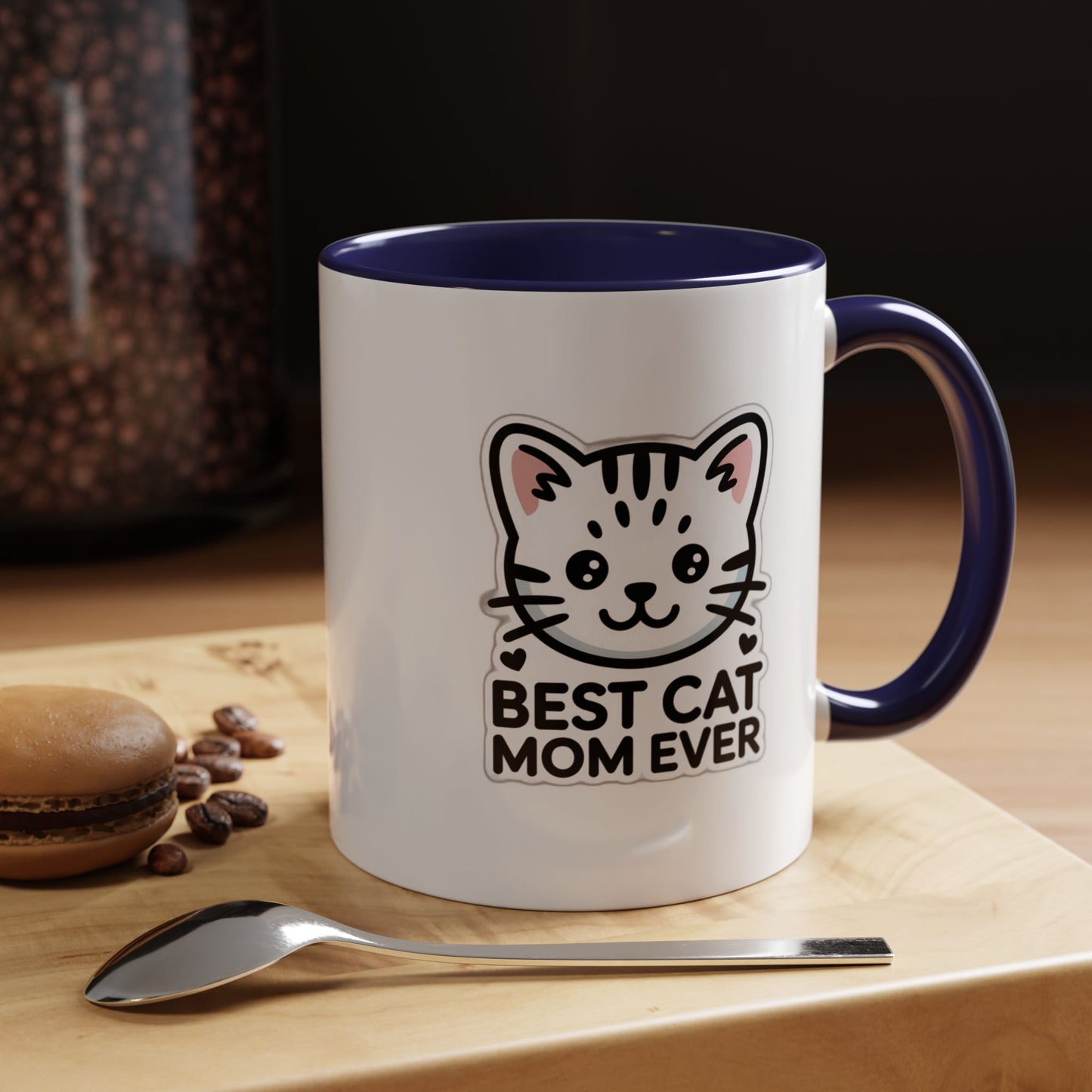 Best Cat Mom Ever Accent Coffee Mug - Kawaii Grey Tabby Cat Gift - 11oz Ceramic Cup
