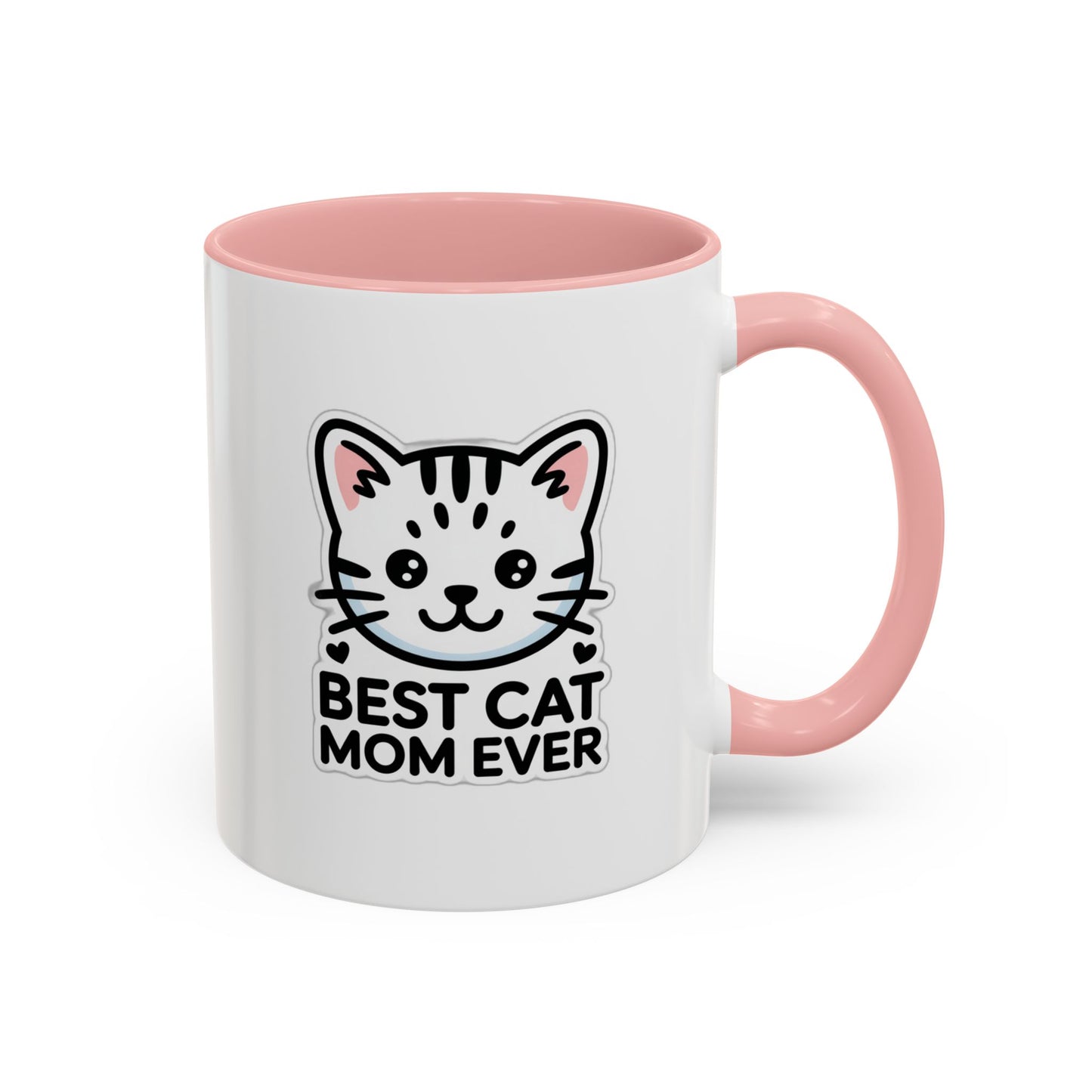 Best Cat Mom Ever Accent Coffee Mug - Kawaii Grey Tabby Cat Gift - 11oz Ceramic Cup