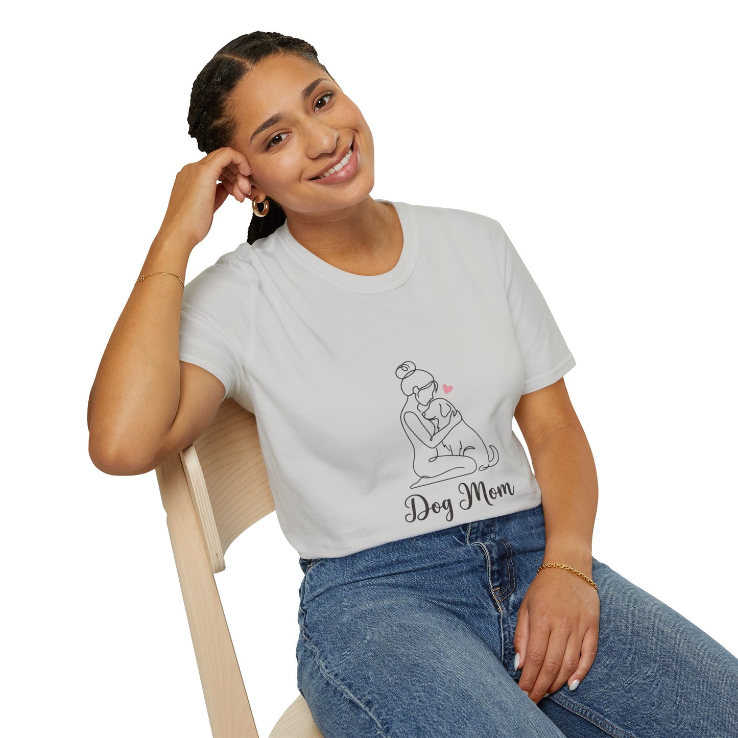 Dog Mom Line-Art Tee — Minimalist Pink Heart Graphic