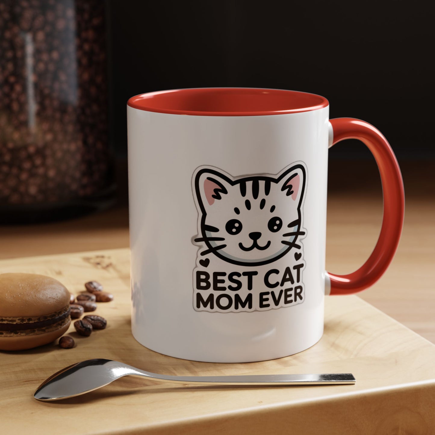 Best Cat Mom Ever Accent Coffee Mug - Kawaii Grey Tabby Cat Gift - 11oz Ceramic Cup