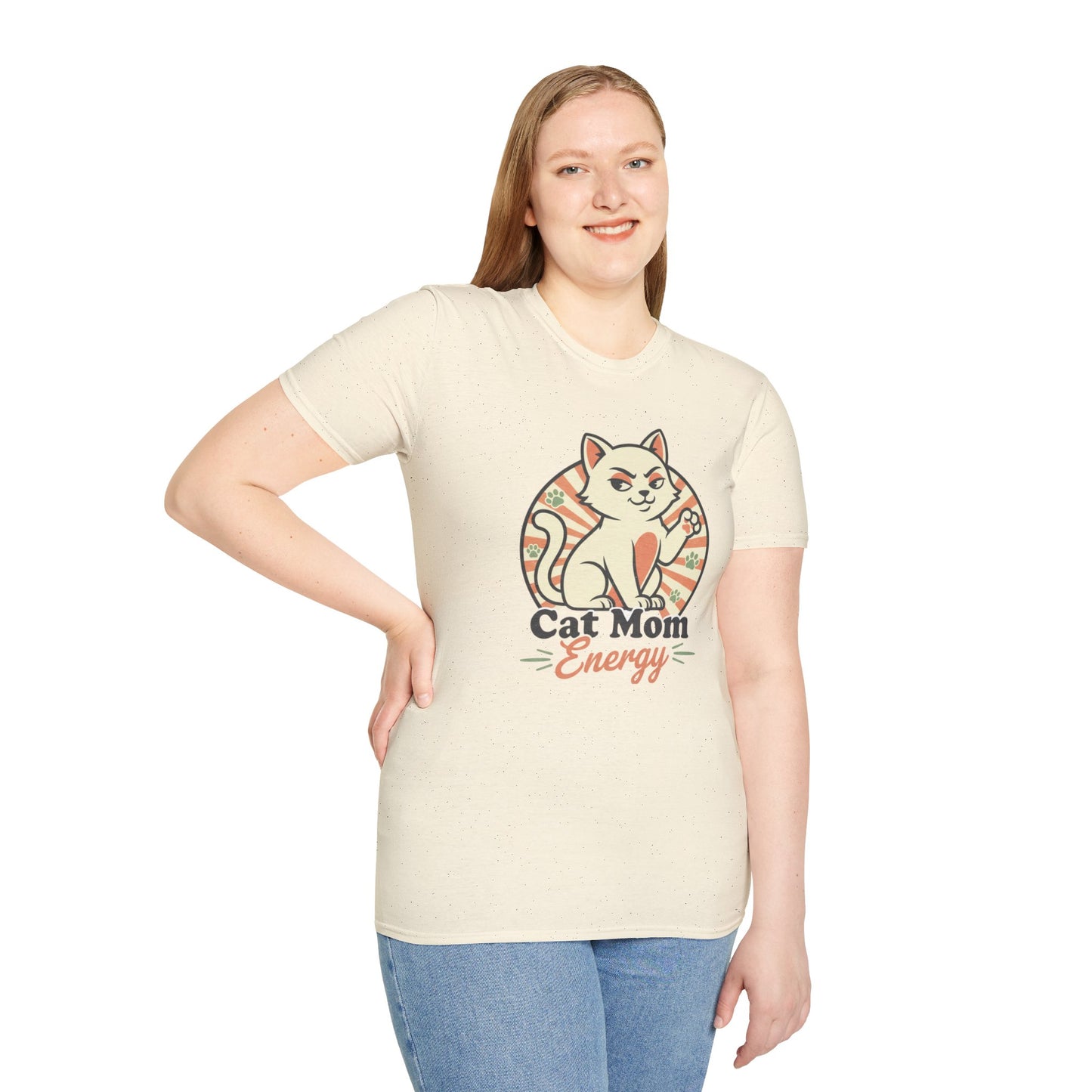 Cat Mom Energy T‑Shirt — Retro Smirking Cat Graphic
