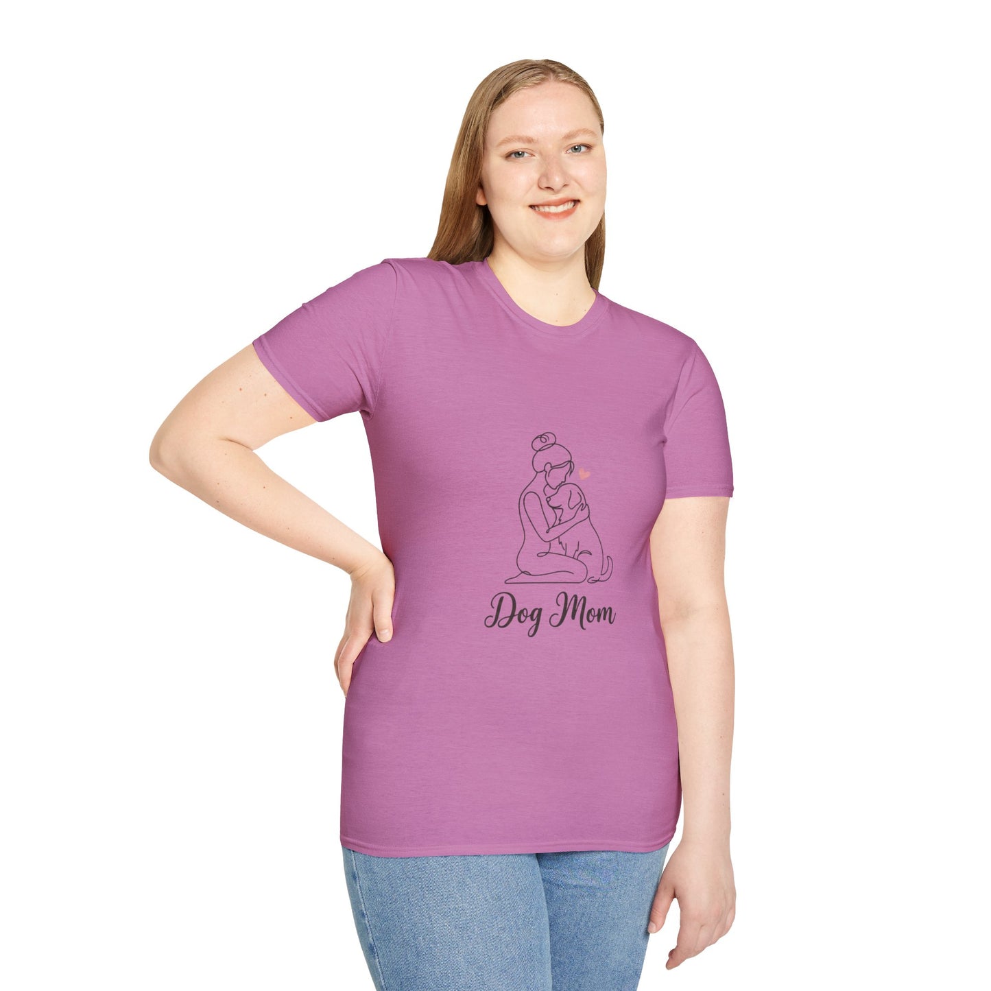 Dog Mom Line-Art Tee — Minimalist Pink Heart Graphic