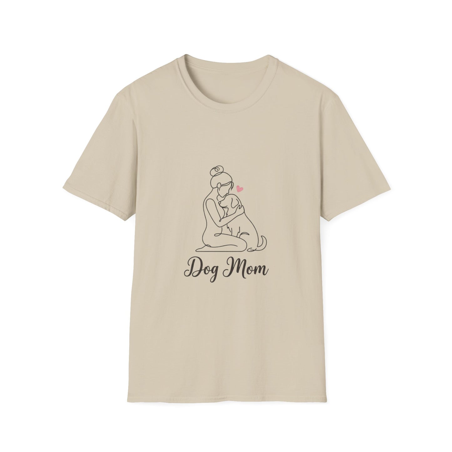 Dog Mom Line-Art Tee — Minimalist Pink Heart Graphic
