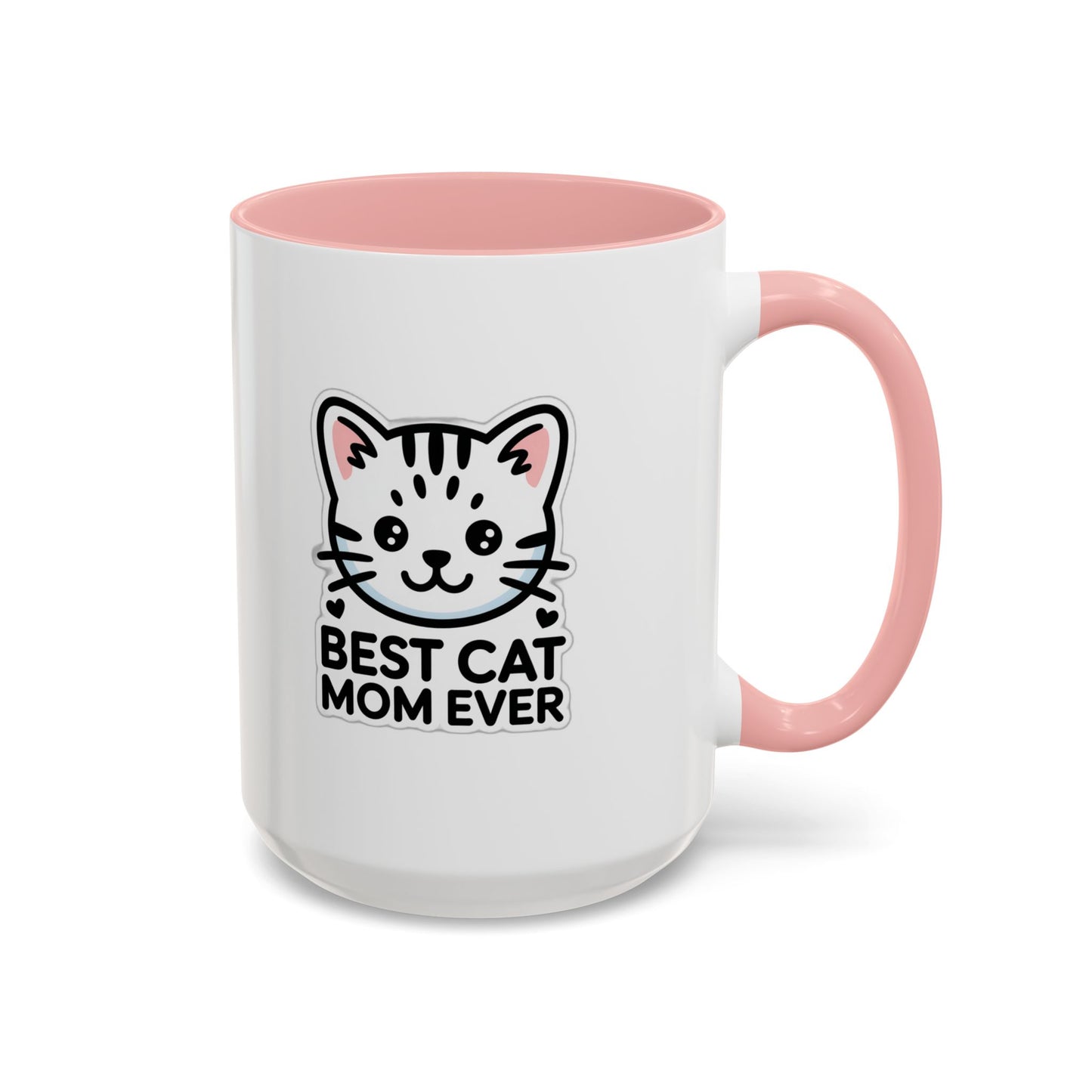Best Cat Mom Ever Accent Coffee Mug - Kawaii Grey Tabby Cat Gift - 11oz Ceramic Cup