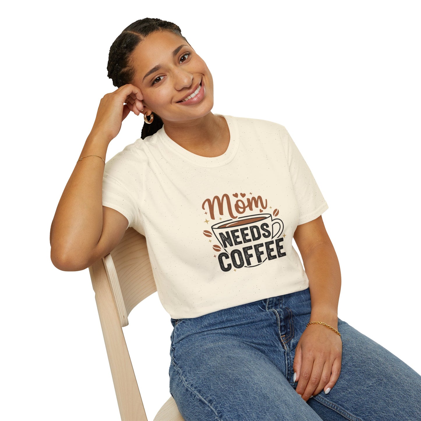 Mom Needs Coffee T-Shirt — Steaming Cup, Coffee Beans & Gold Stars
