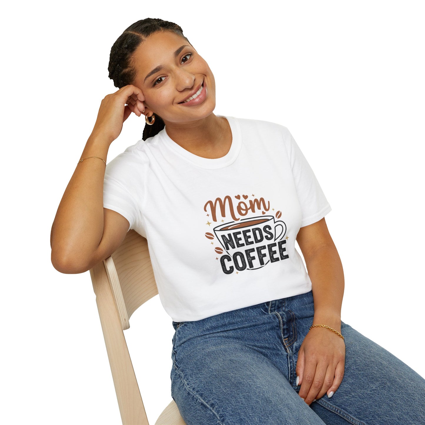 Mom Needs Coffee T-Shirt — Steaming Cup, Coffee Beans & Gold Stars