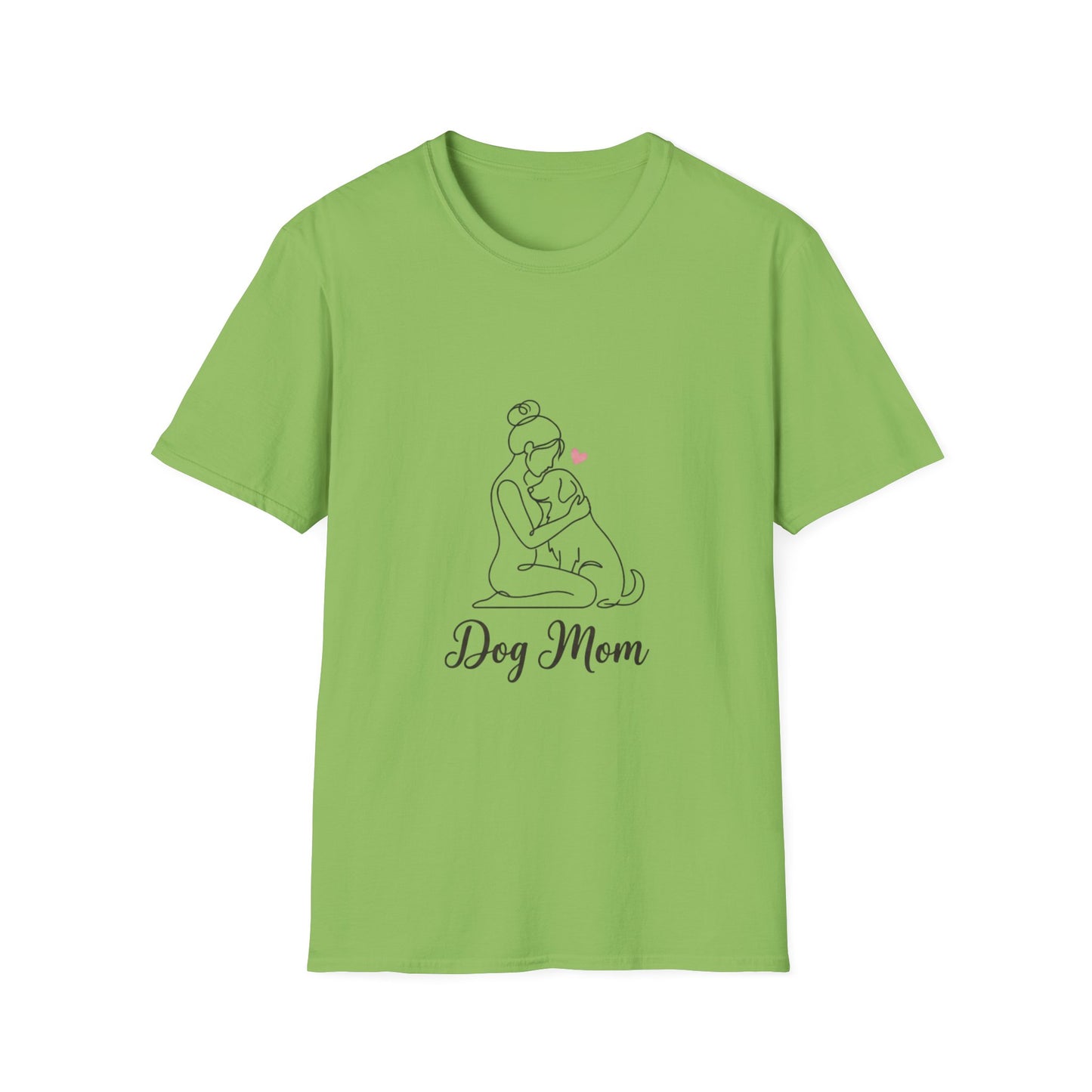 Dog Mom Line-Art Tee — Minimalist Pink Heart Graphic