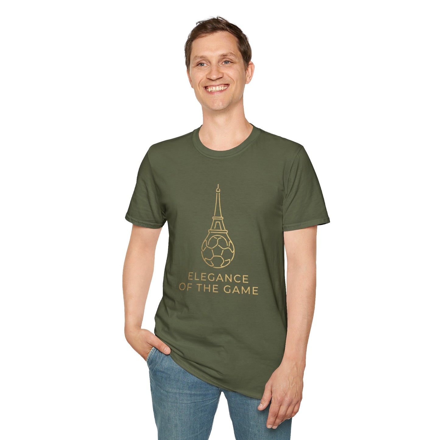 Elegance of the Game Soccer Tee — Eiffel Tower Gold Line-Art Graphic