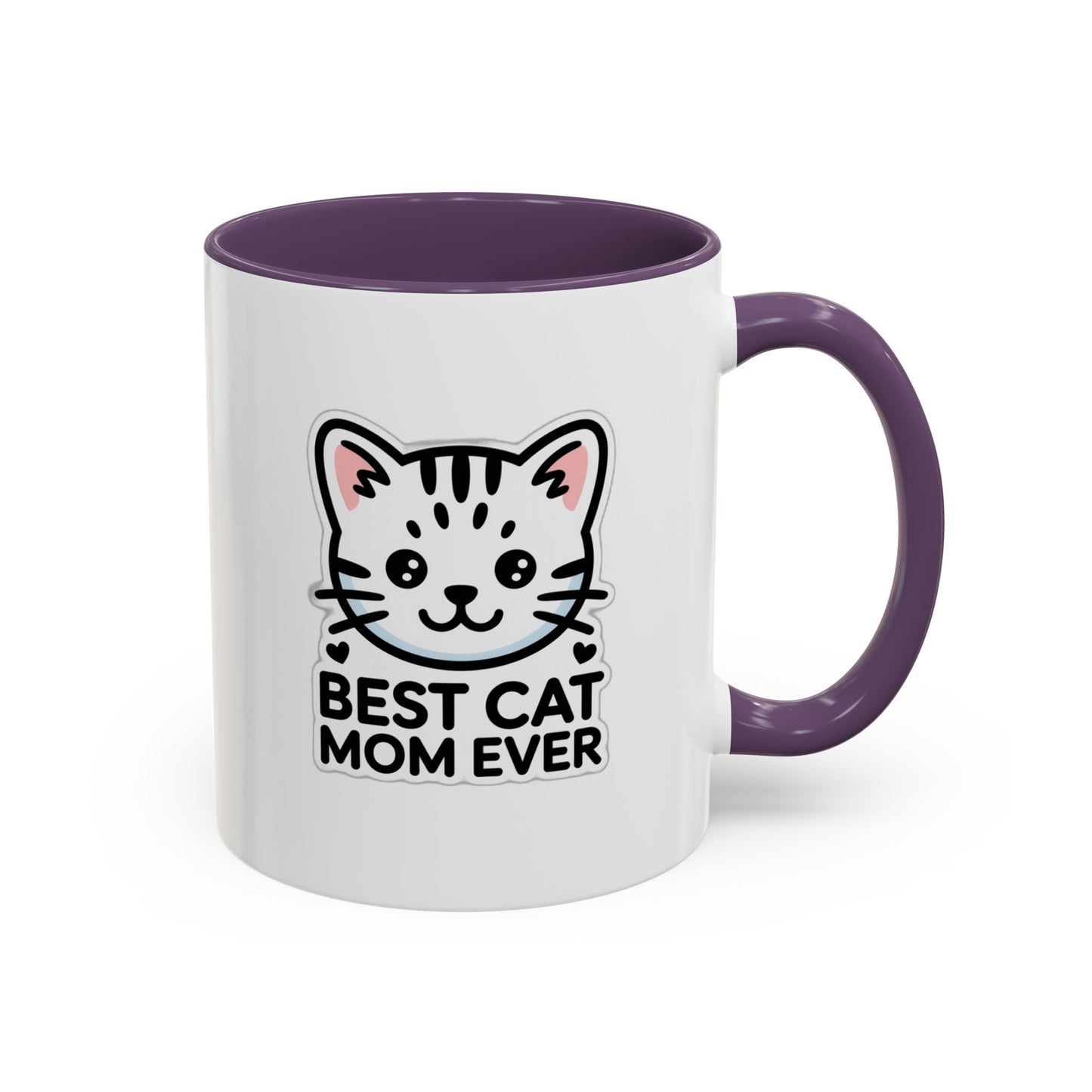 Best Cat Mom Ever Accent Coffee Mug - Kawaii Grey Tabby Cat Gift - 11oz Ceramic Cup