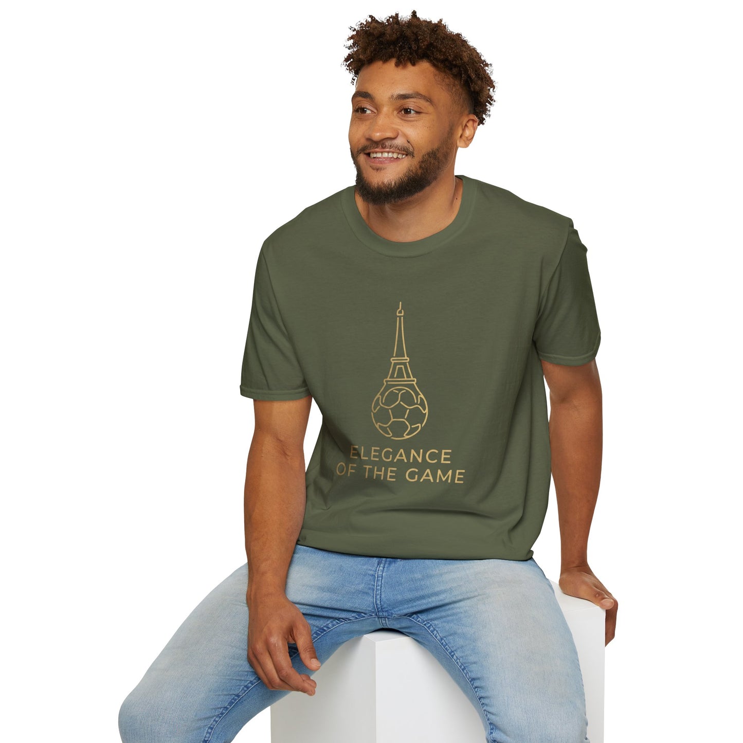 Elegance of the Game Soccer Tee — Eiffel Tower Gold Line-Art Graphic