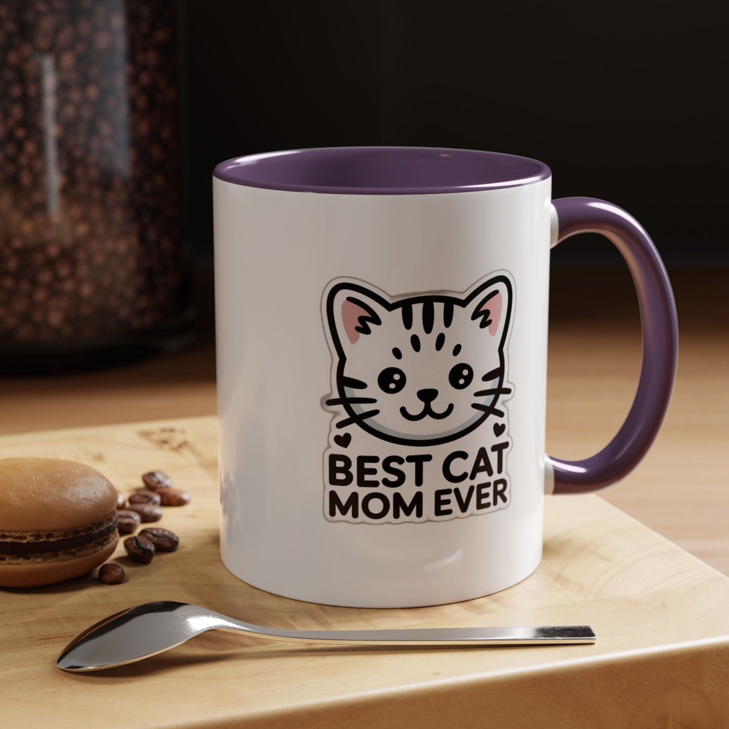 Best Cat Mom Ever Accent Coffee Mug - Kawaii Grey Tabby Cat Gift - 11oz Ceramic Cup