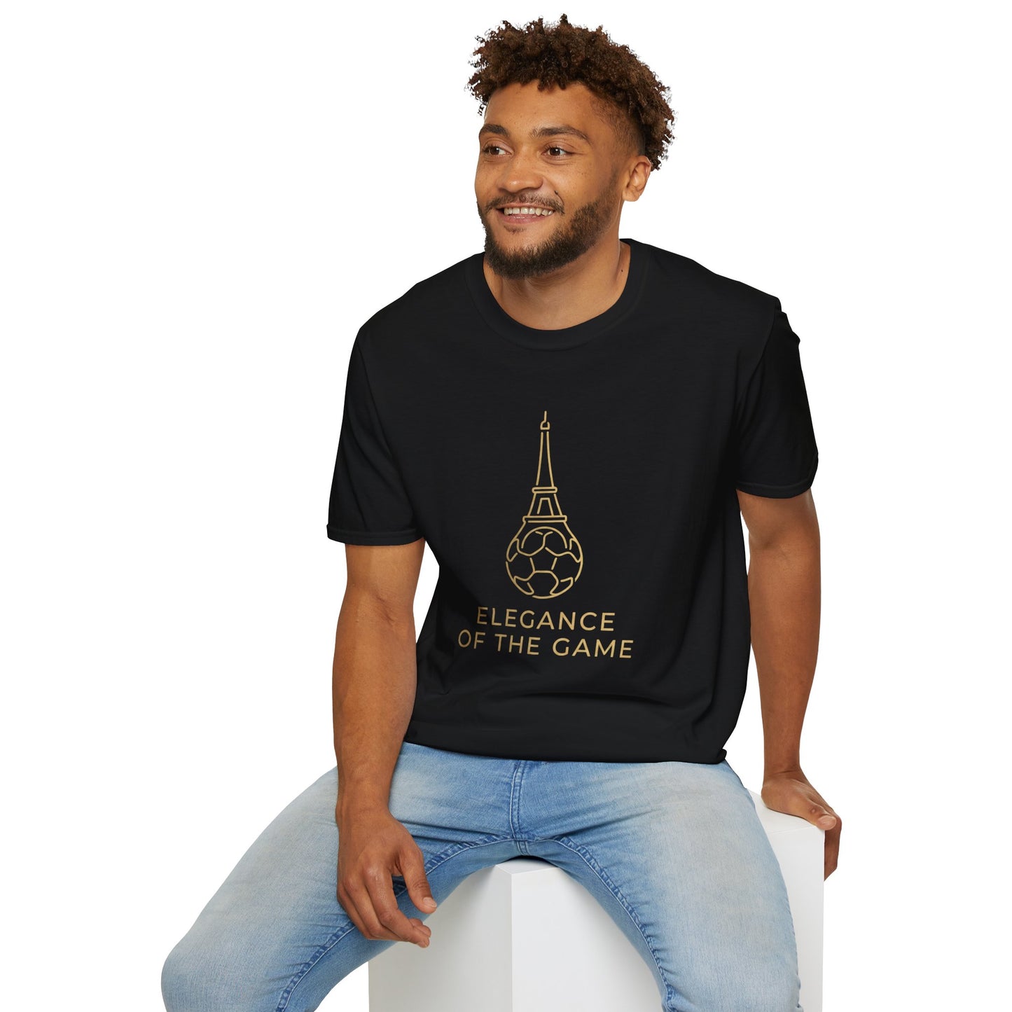 Elegance of the Game Soccer Tee — Eiffel Tower Gold Line-Art Graphic