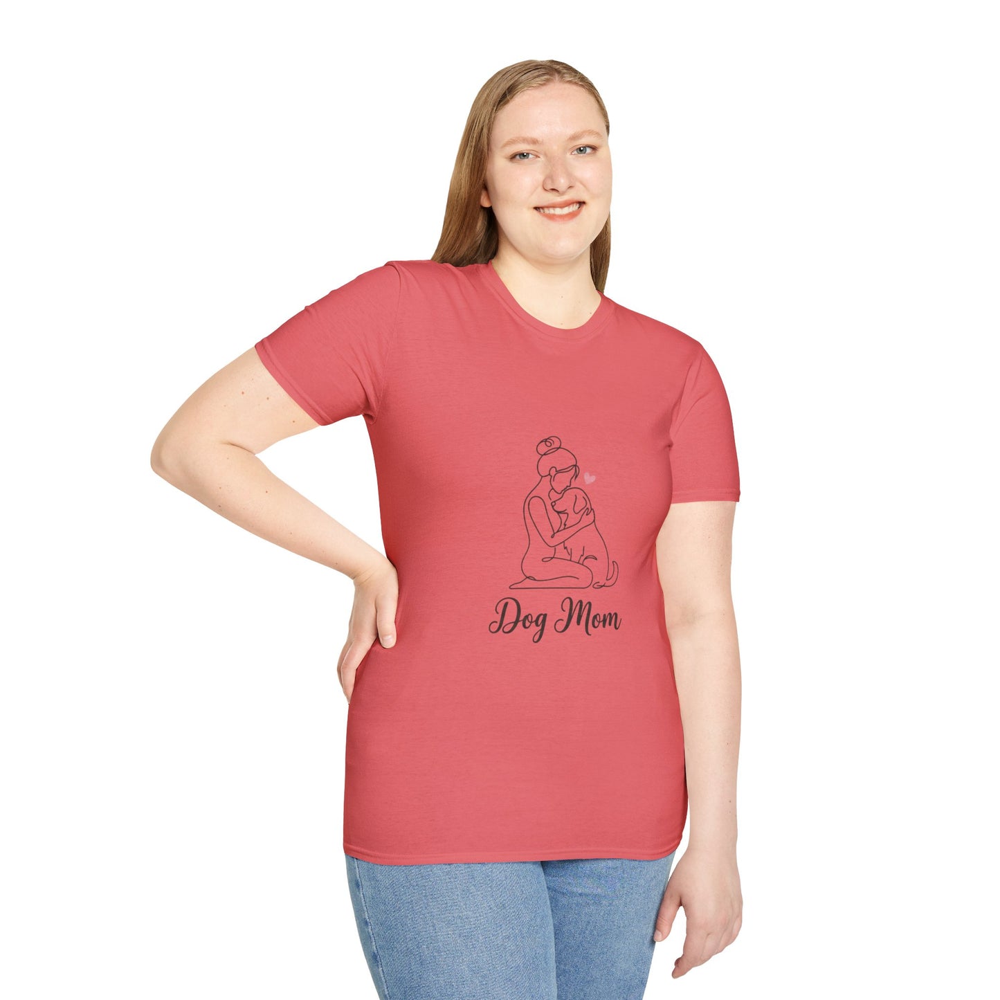 Dog Mom Line-Art Tee — Minimalist Pink Heart Graphic