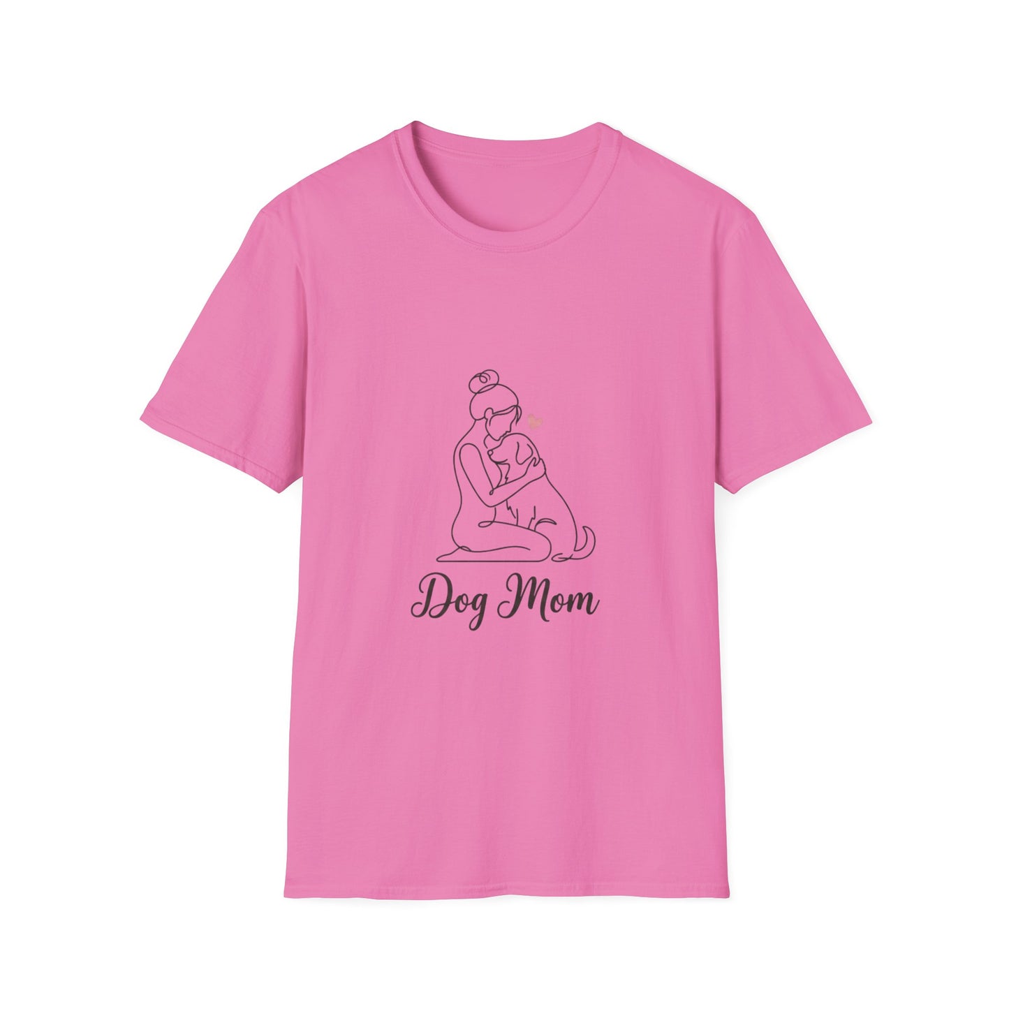 Dog Mom Line-Art Tee — Minimalist Pink Heart Graphic
