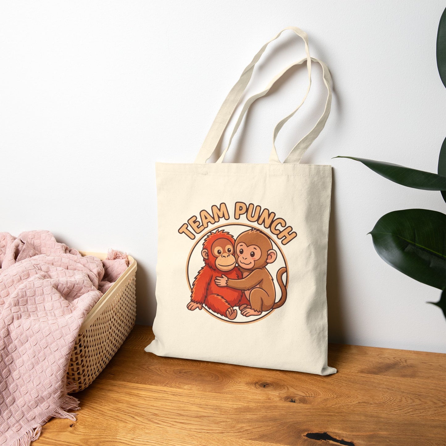 Team Punch Monkey Friends Canvas Tote — "Best Friends" Orangutan & Monkey Hug