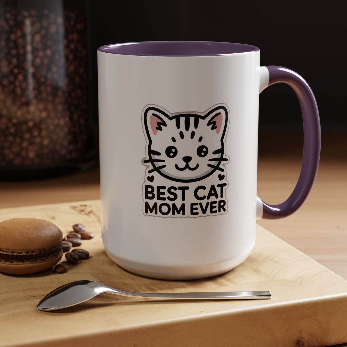 Best Cat Mom Ever Accent Coffee Mug - Kawaii Grey Tabby Cat Gift - 11oz Ceramic Cup