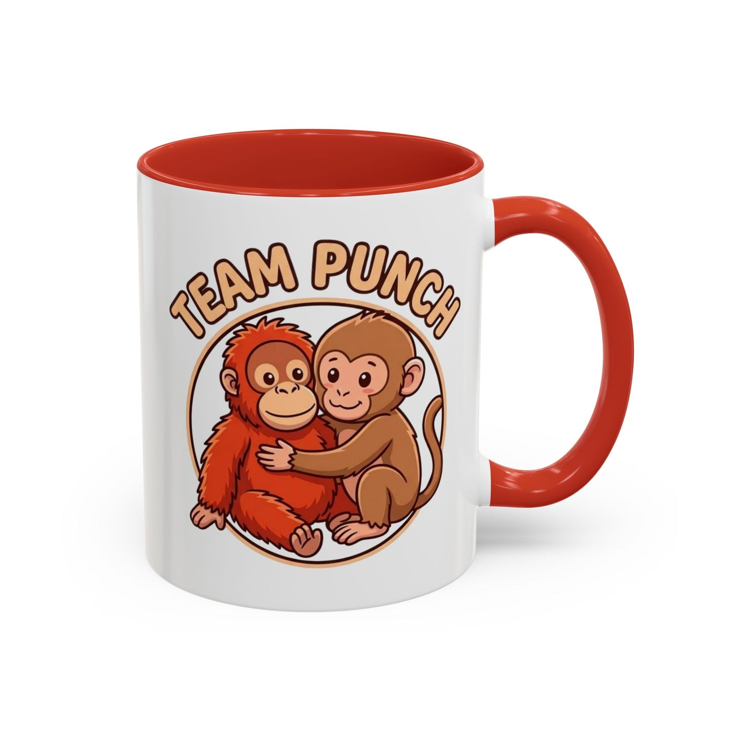 Team Punch Coffee Mug — Cute Hugging Monkeys Accent Mug (11/15oz)