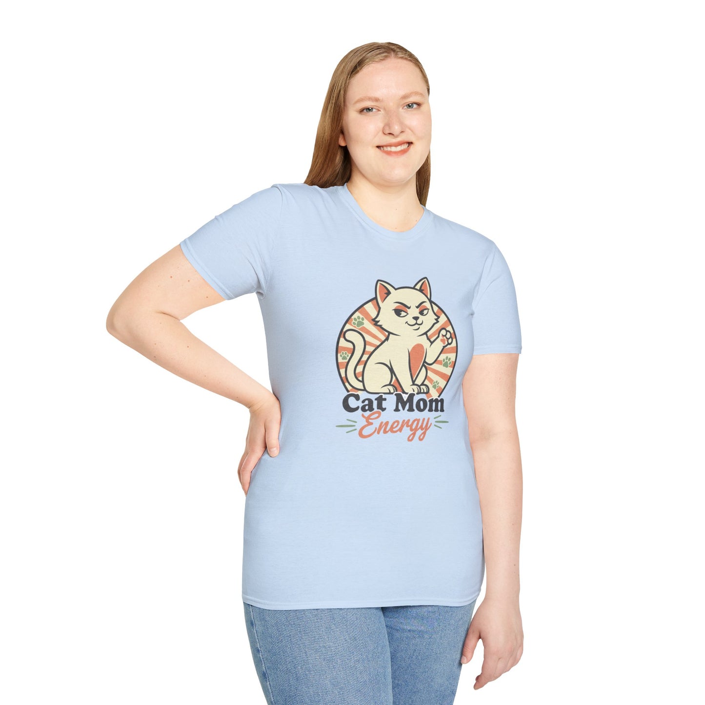 Cat Mom Energy T‑Shirt — Retro Smirking Cat Graphic