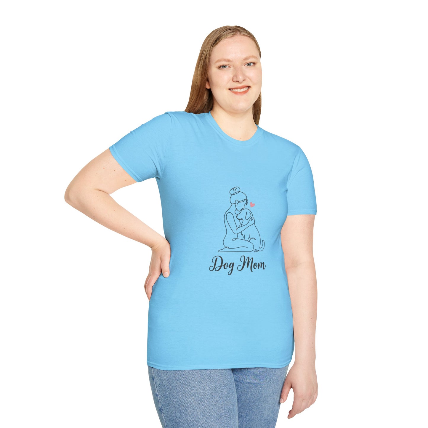 Dog Mom Line-Art Tee — Minimalist Pink Heart Graphic