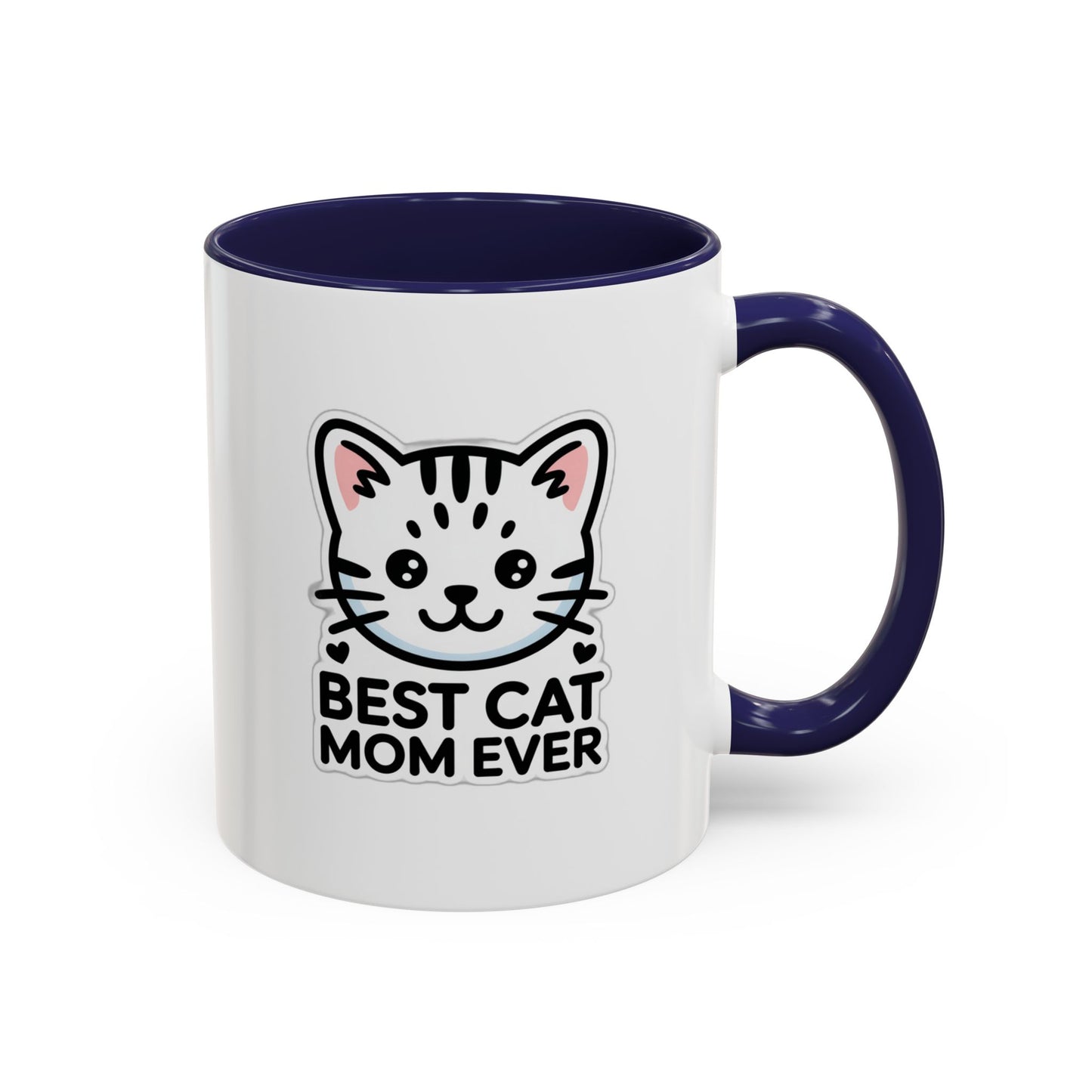 Best Cat Mom Ever Accent Coffee Mug - Kawaii Grey Tabby Cat Gift - 11oz Ceramic Cup