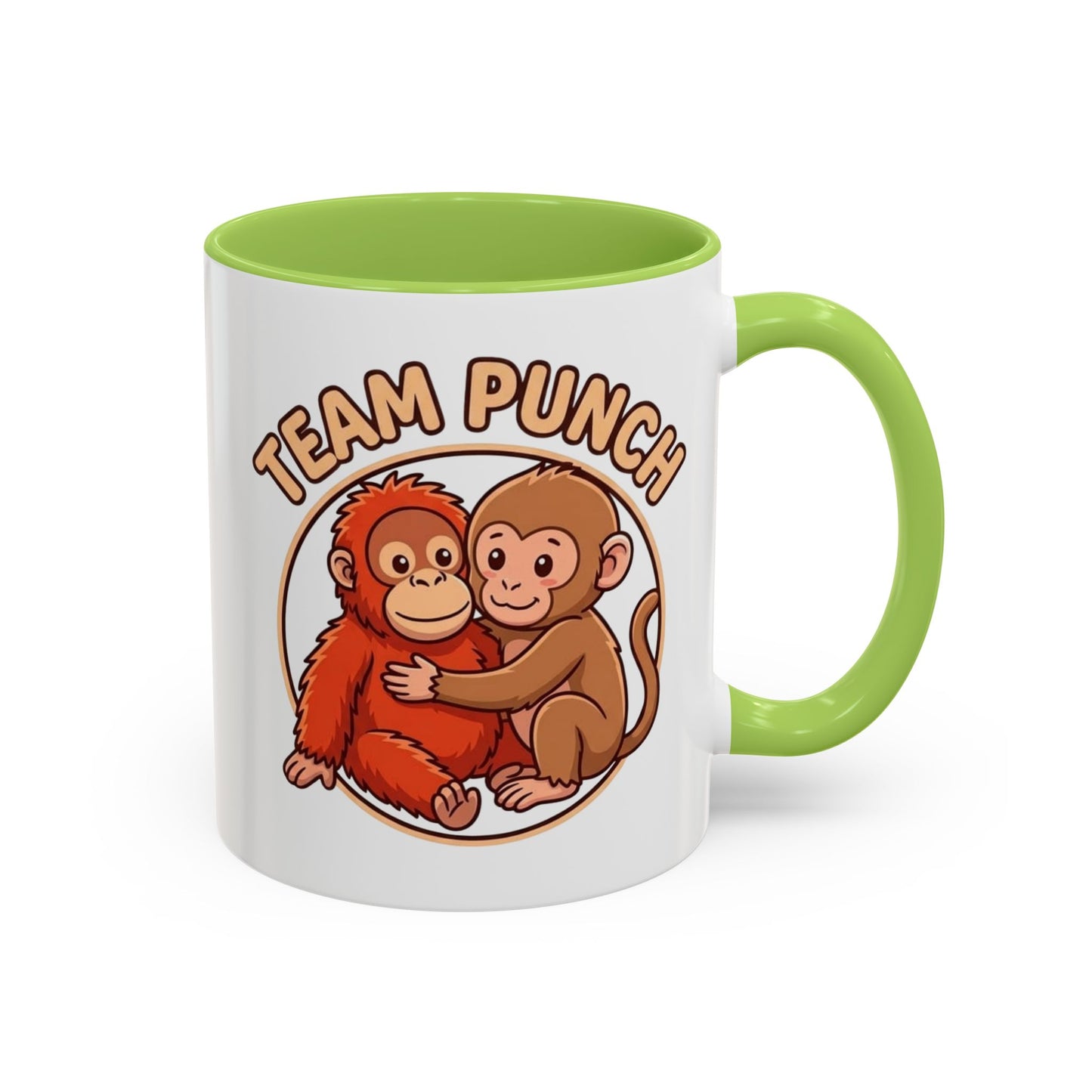 Team Punch Coffee Mug — Cute Hugging Monkeys Accent Mug (11/15oz)