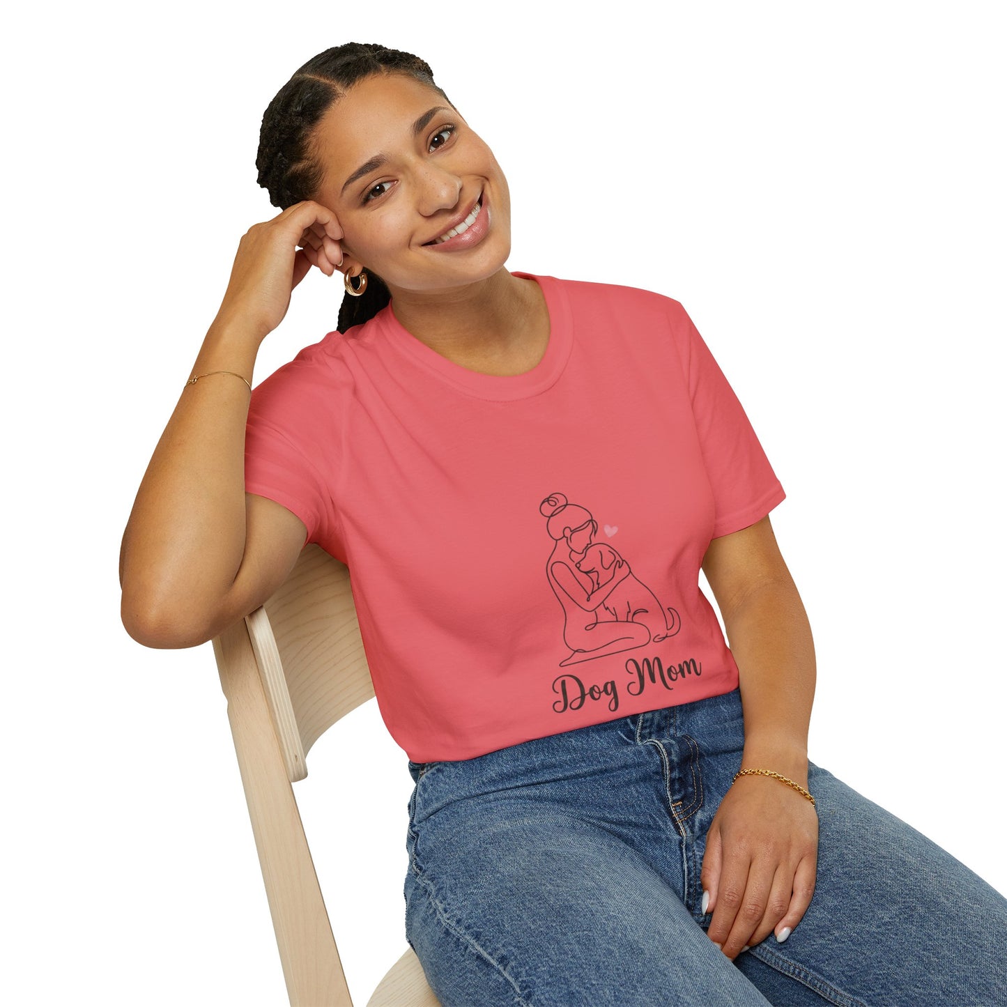 Dog Mom Line-Art Tee — Minimalist Pink Heart Graphic