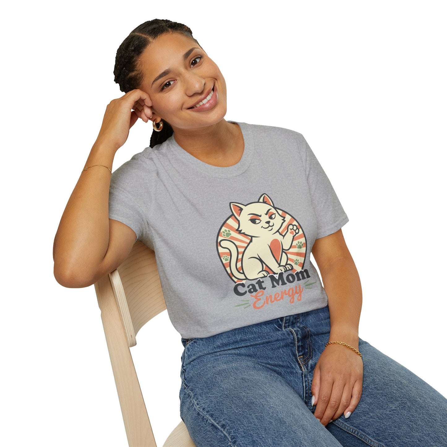 Cat Mom Energy T‑Shirt — Retro Smirking Cat Graphic
