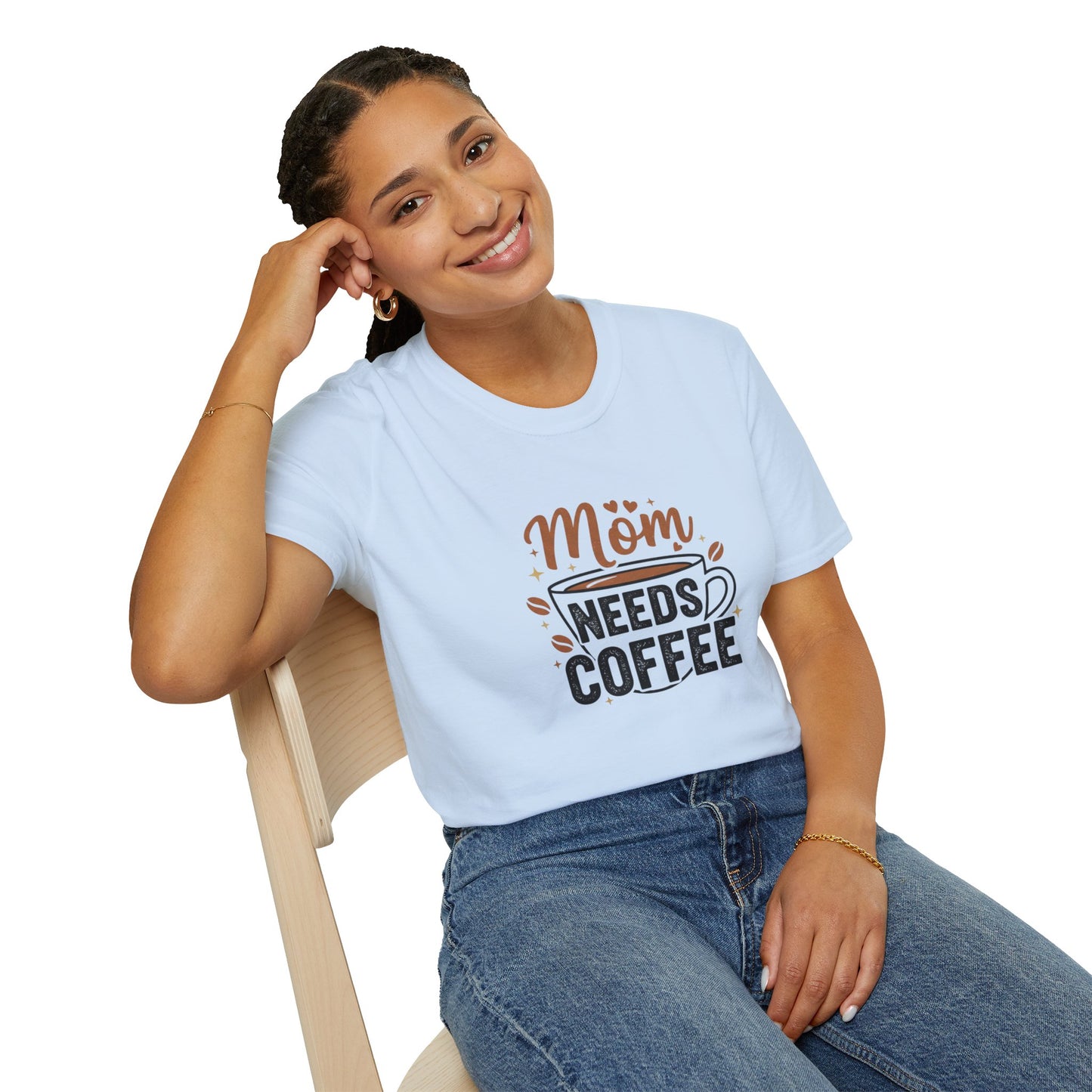 Mom Needs Coffee T-Shirt — Steaming Cup, Coffee Beans & Gold Stars