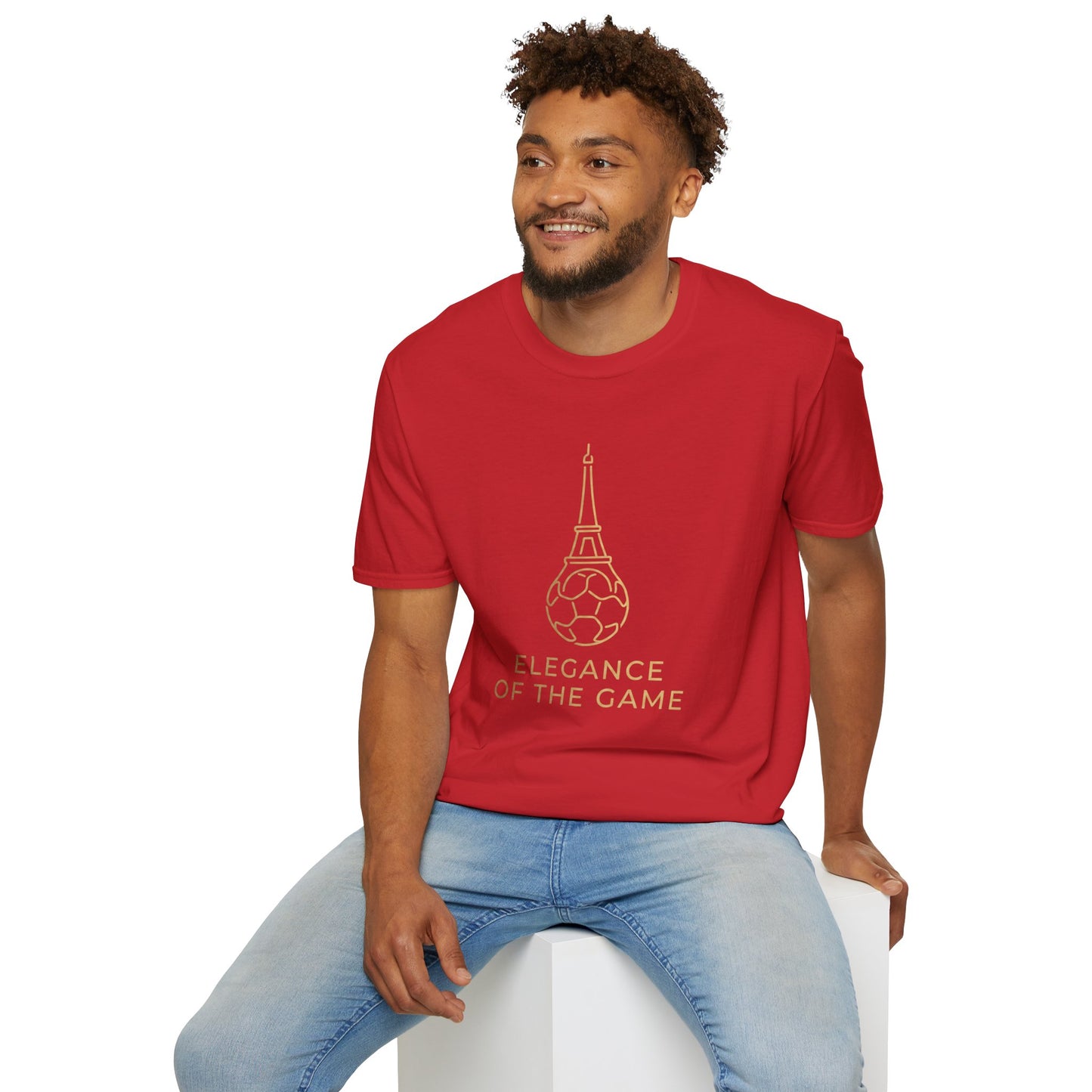Elegance of the Game Soccer Tee — Eiffel Tower Gold Line-Art Graphic
