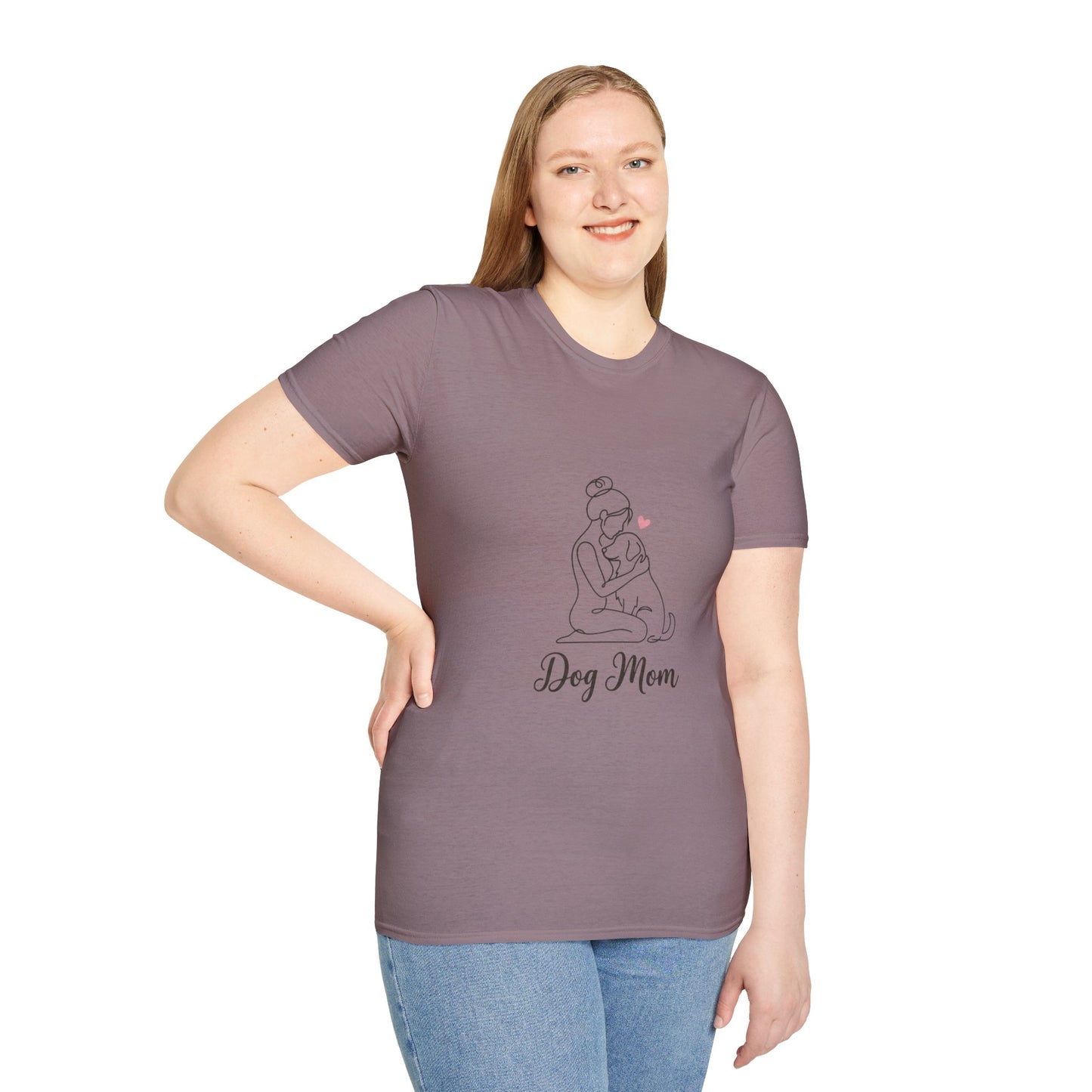 Dog Mom Line-Art Tee — Minimalist Pink Heart Graphic