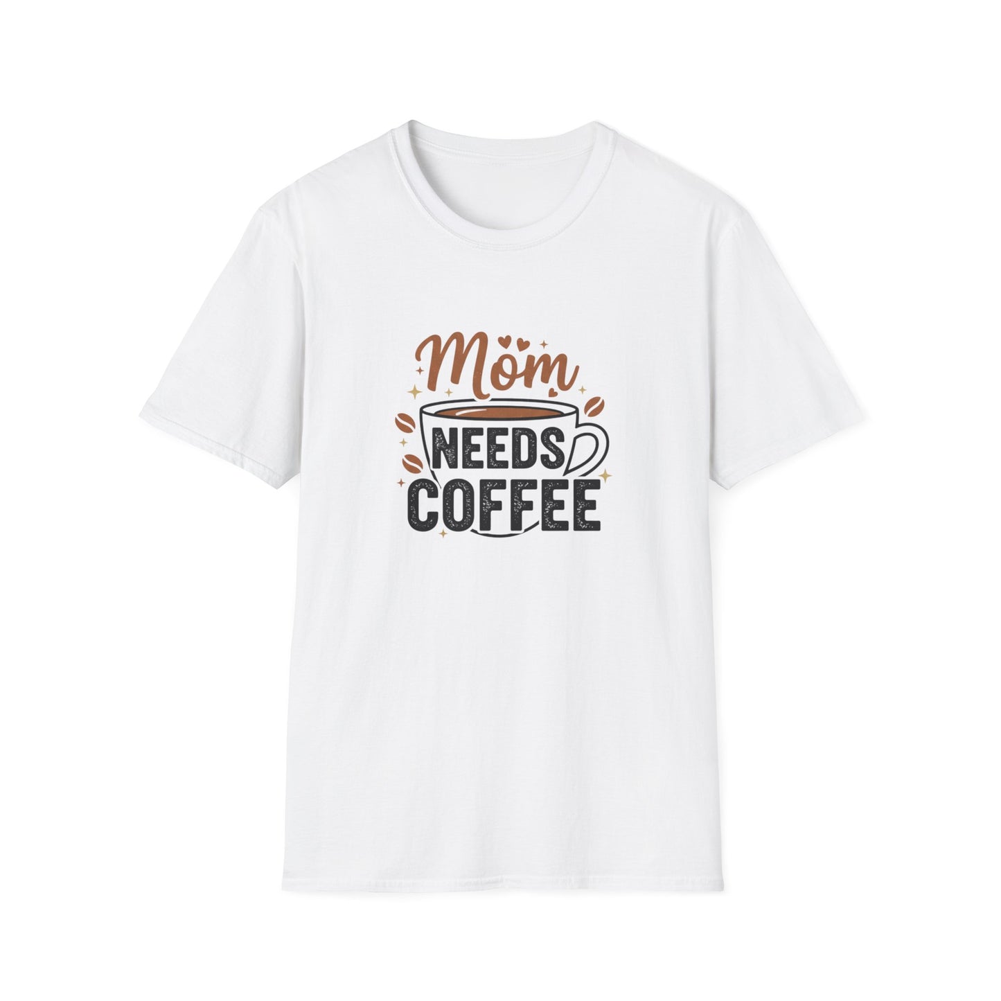 Mom Needs Coffee T-Shirt — Steaming Cup, Coffee Beans & Gold Stars
