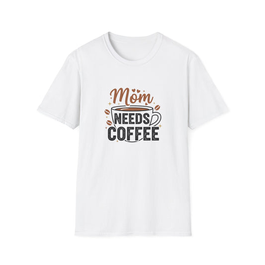 Mom Needs Coffee T-Shirt — Steaming Cup, Coffee Beans & Gold Stars