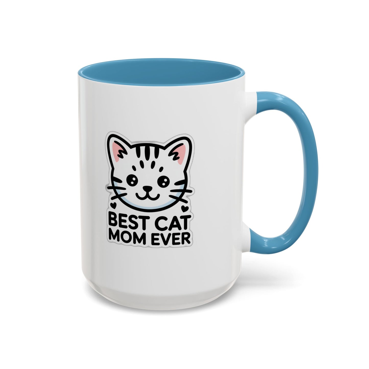 Best Cat Mom Ever Accent Coffee Mug - Kawaii Grey Tabby Cat Gift - 11oz Ceramic Cup