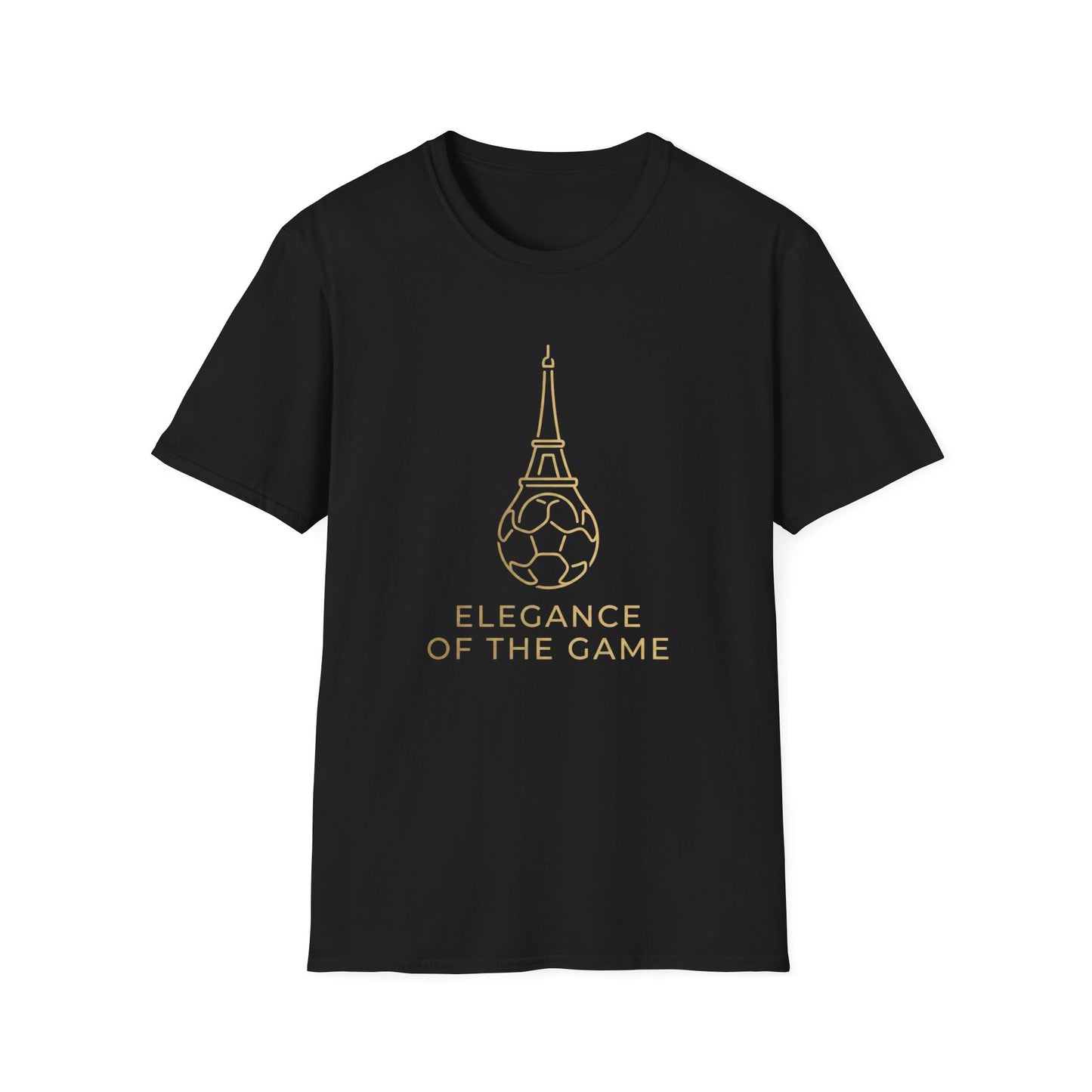 Elegance of the Game Soccer Tee — Eiffel Tower Gold Line-Art Graphic