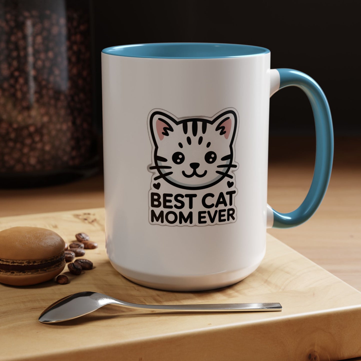 Best Cat Mom Ever Accent Coffee Mug - Kawaii Grey Tabby Cat Gift - 11oz Ceramic Cup